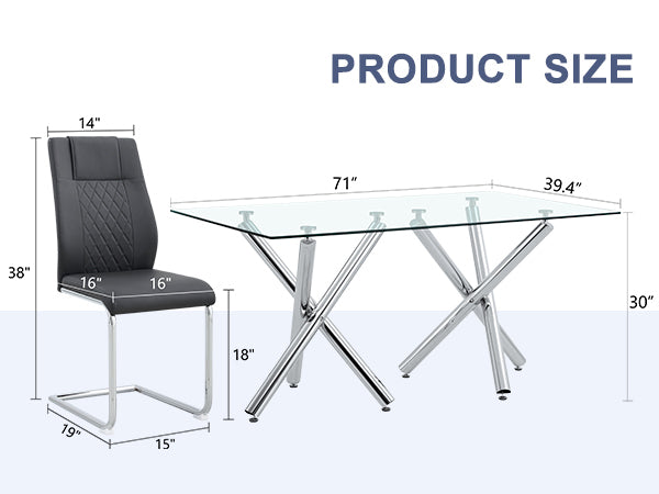Table And Chair Set.Large Minimalist Rectangular Glass Dining Table For 6 8 With 0.39" Tempered Glass Tabletop And Silver Chrome Metal Legs.Paried With Comfortable Chairs With Pu Seats And Metal Legs. Silver Seats 8 Glass Metal