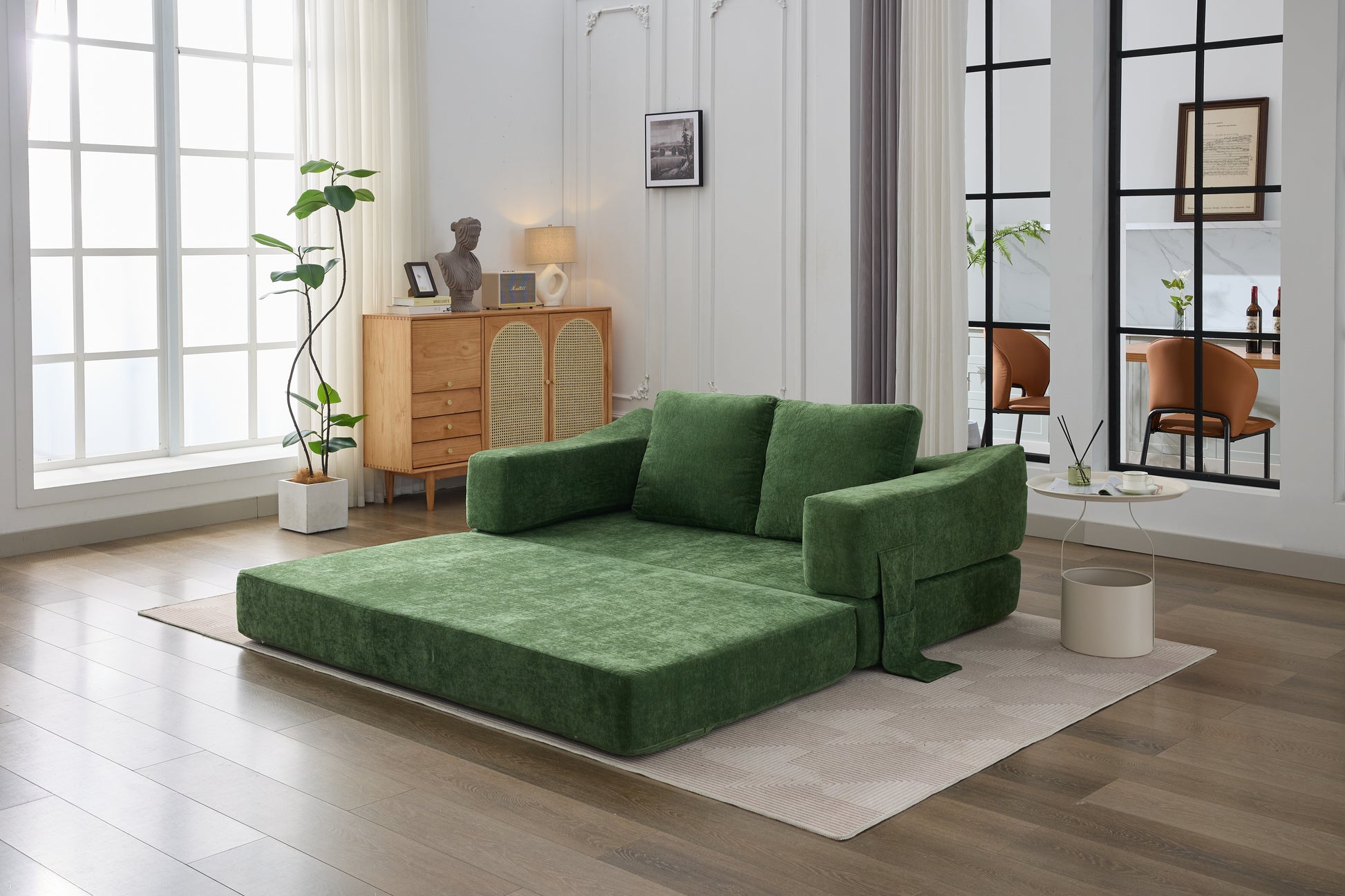 Modern Minimalist Sofa, Fold Out Sofa Bed, Convertible Chair Floor Couch & Sleeping Mattress For Living Room, Bedroom, Apartment, Removable Backrest, Green Green Chenille Soft Vintage Chenille 2 Seat