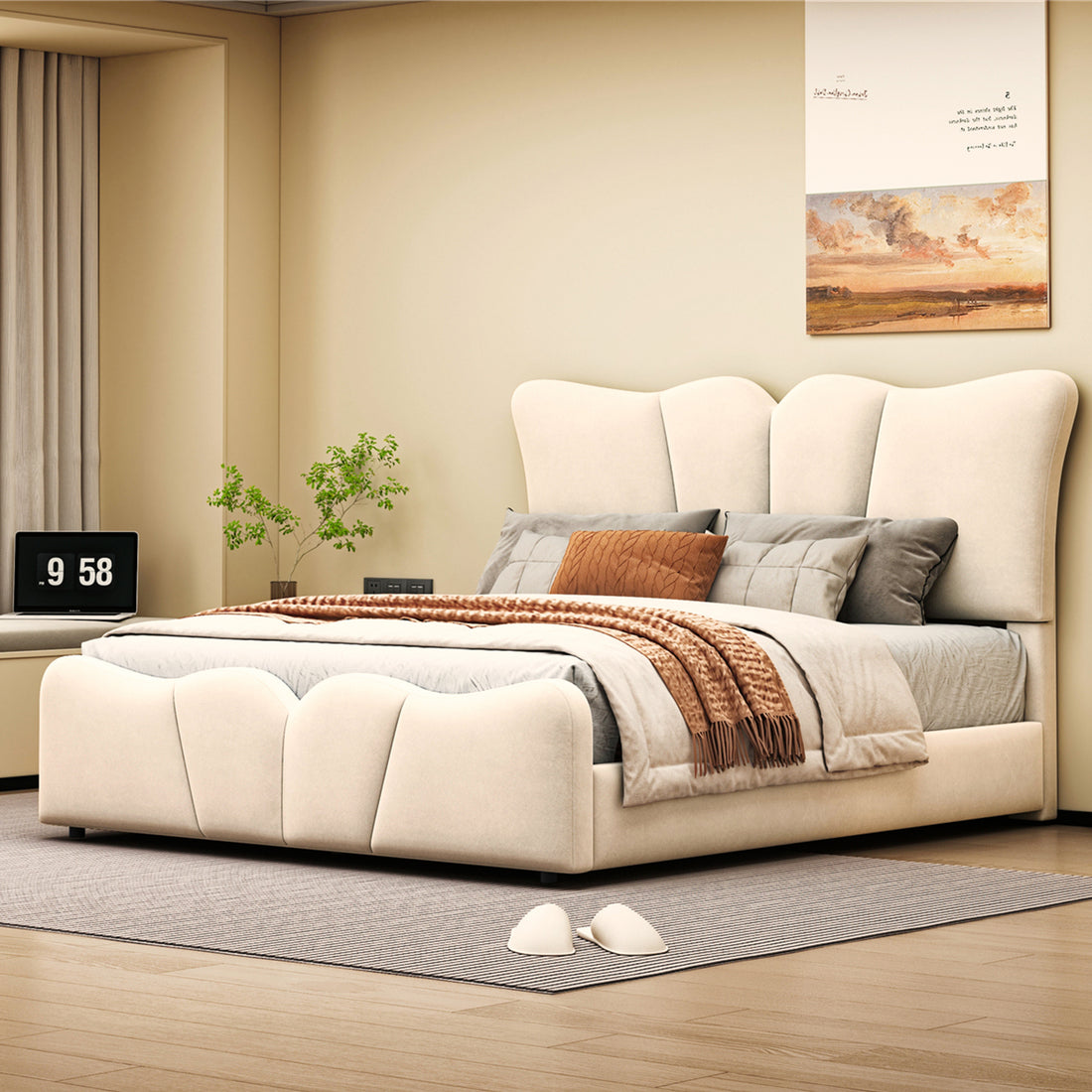 Full Size Upholstered Platform Bed Velvet Upholstered Bed, Beige Full Beige Velvet