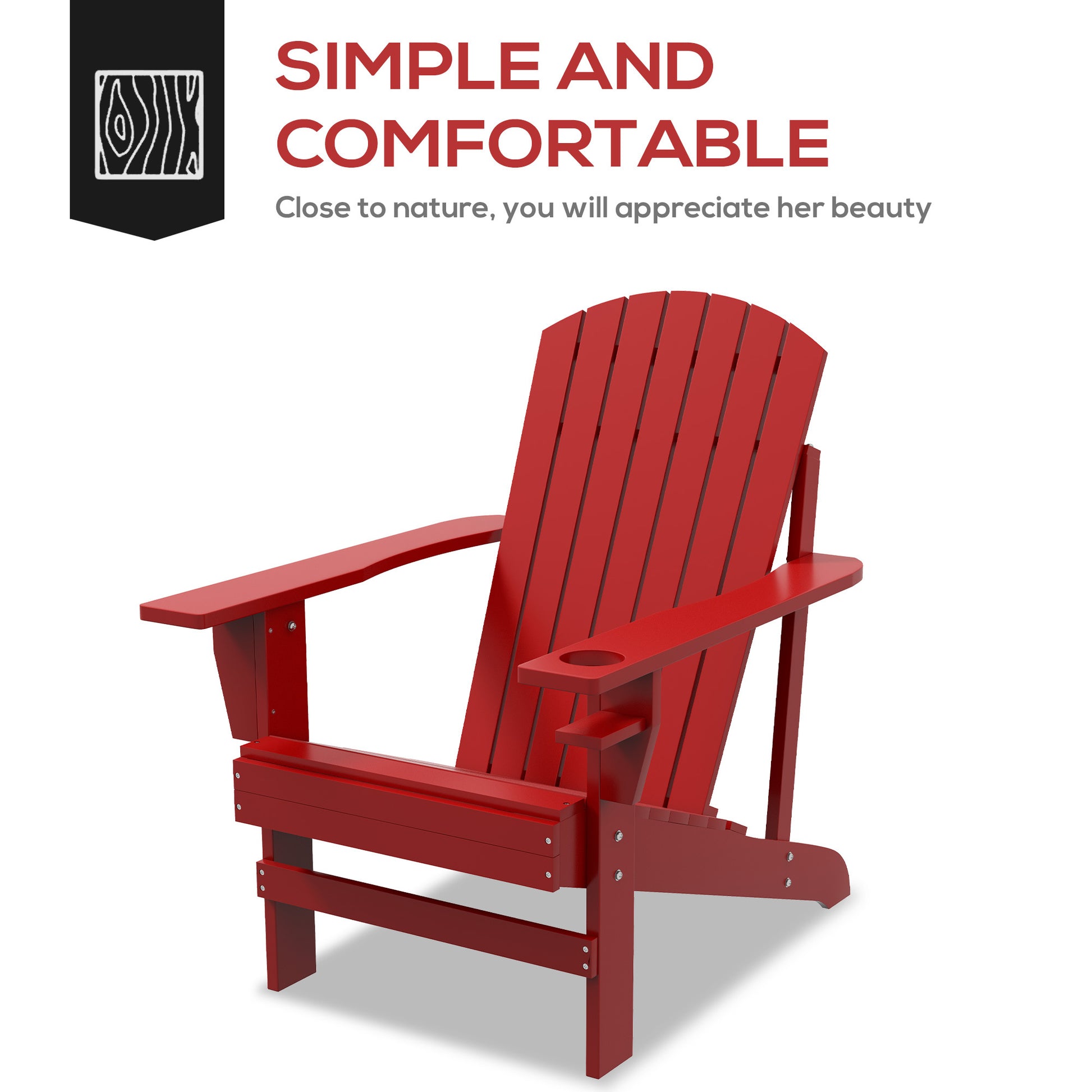 Outsunny Wooden Adirondack Chair, Outdoor Patio Lawn Chair With Cup Holder, Weather Resistant Lawn Furniture, Classic Lounge For Deck, Garden, Backyard, Fire Pit, Red Red Wood