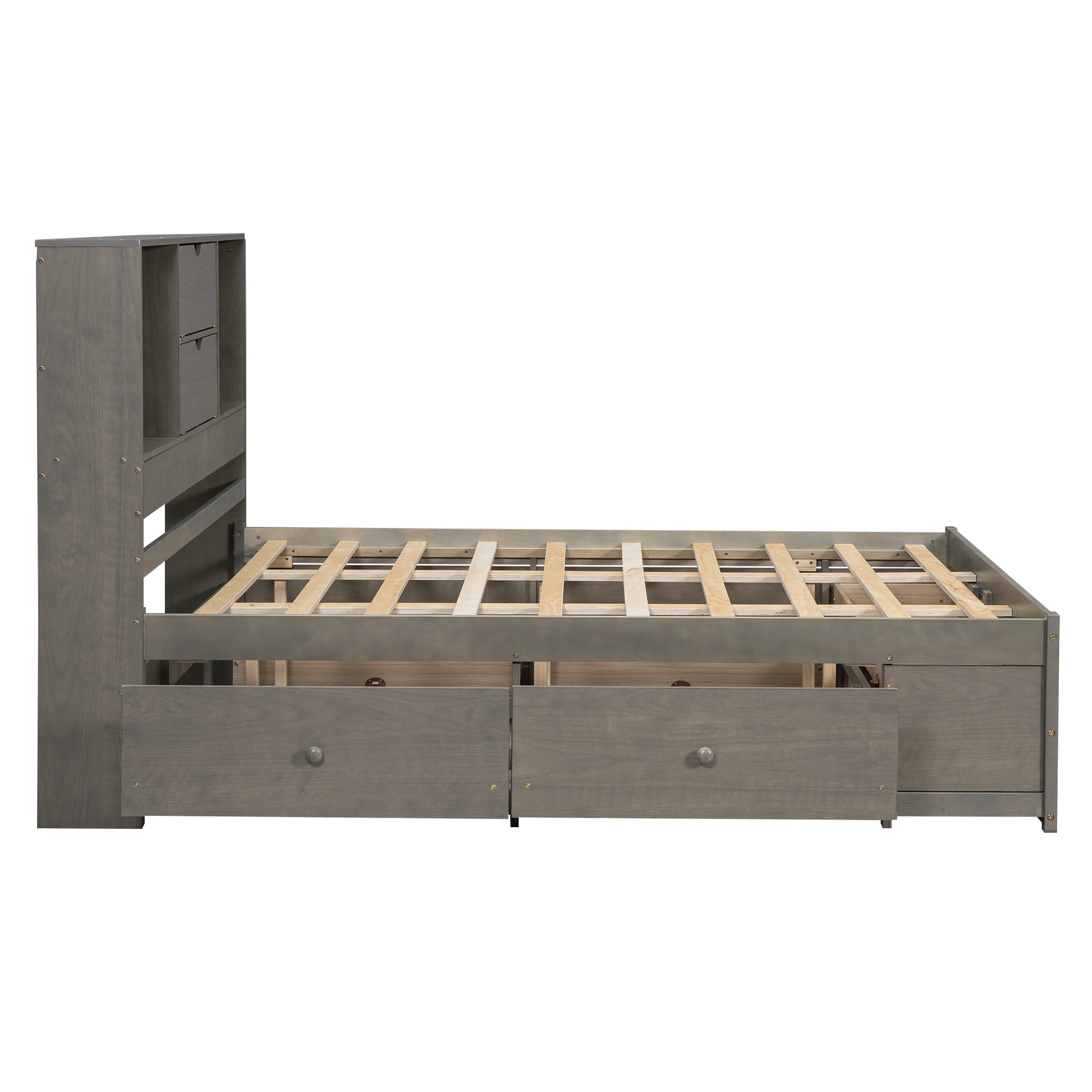 Queen Size Platform Bed With Storage Headboard And 8 Drawers, Gray Box Spring Not Required Queen Gray Wood Bedroom Bed Frame Solid Wood Mdf