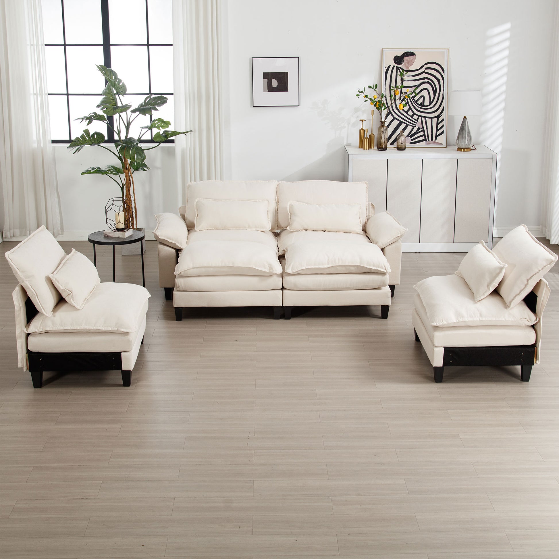 154.8" Oversized Modular Sofaice Velvet Large U Shaped Couch Comfy Upholstered 4 Seat Sofa With 2 Ottoman, 4 Lumbar Pillow, Deep Seat Couch For Living Room Beige Wood Primary Living Space Modern Foam Polyester 6 Seat