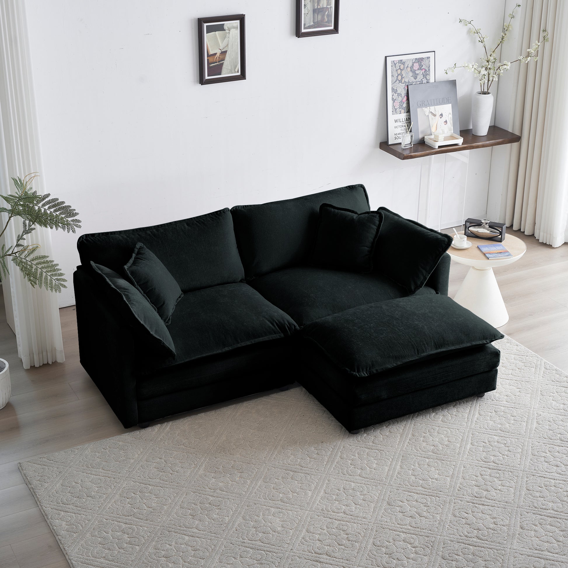 Chenille Two Seater Sofa With 1 Footrest, 2 Seater L Shaped Sectional With Ottoman,Loveseat With Ottoman For Small Living Space, Black Chenille Black Chenille 2 Seat