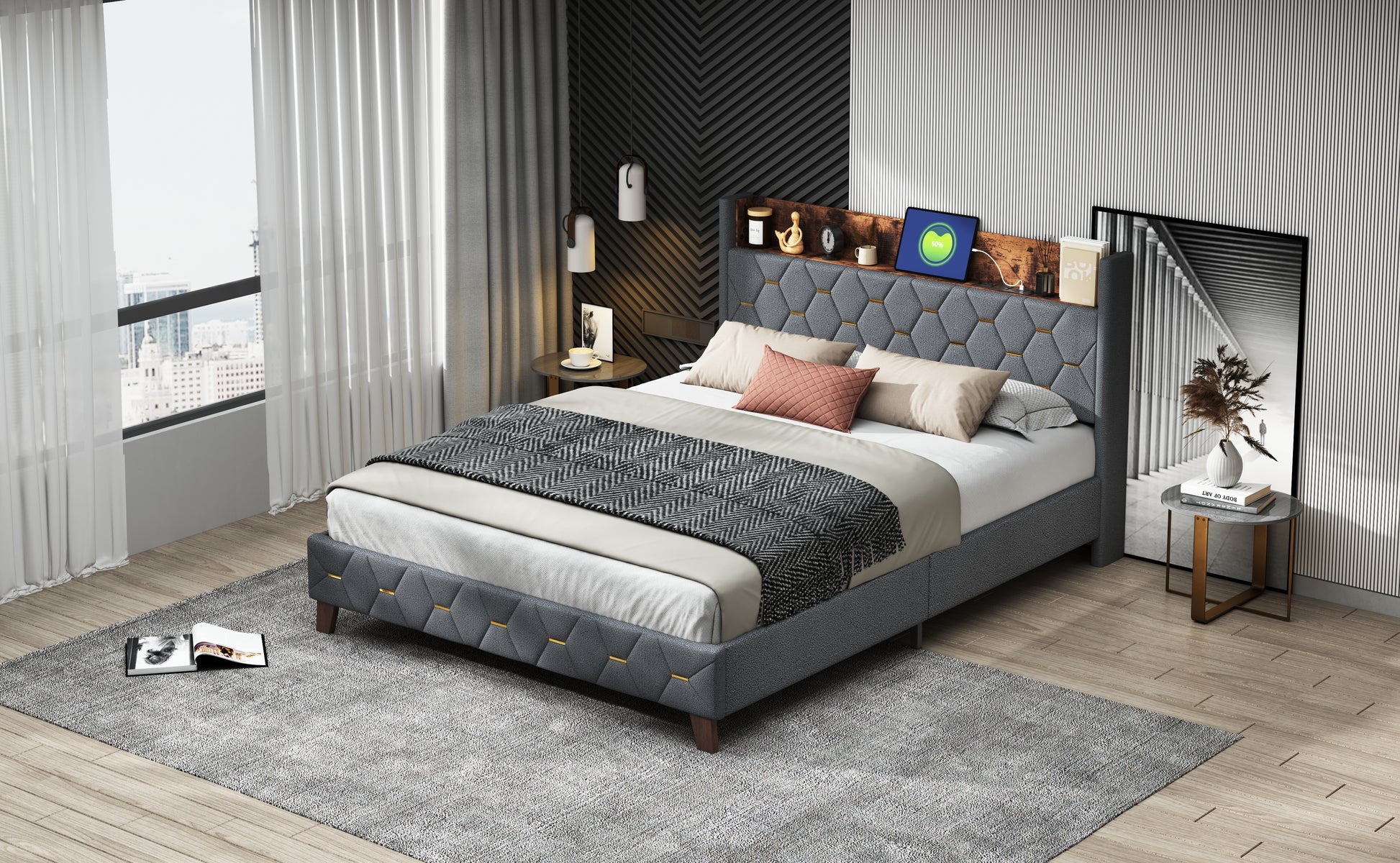 Gray Full Bed With Elegant Gold Metal Buttons, Built In Usb Ports, Phone Storage Pocket, And Spacious Headboard Shelving Sturdy Frame Supports Up To 300 Lbs,Mattress Not Included Box Spring Not Required Full Aqua Grey Abs