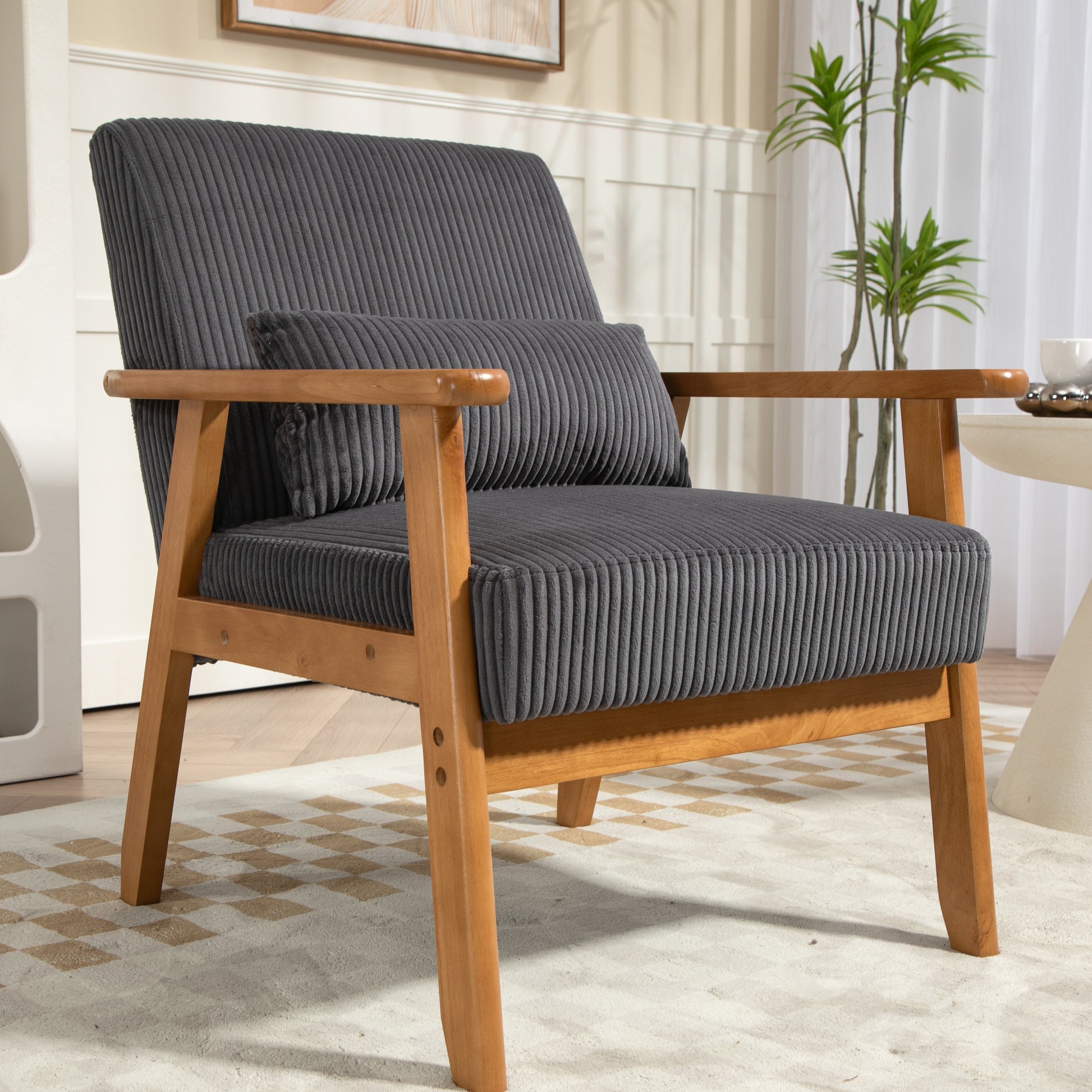 Leisure Chair With Solid Wood Armrest And Feet, Leisure Chair, Wood Frame, Velvet, L, Solid Rubber Wood Legs, Mid Century Modern Accent Chair, For Living Room Bedroom Studio Chair Dark Gray Corduroy