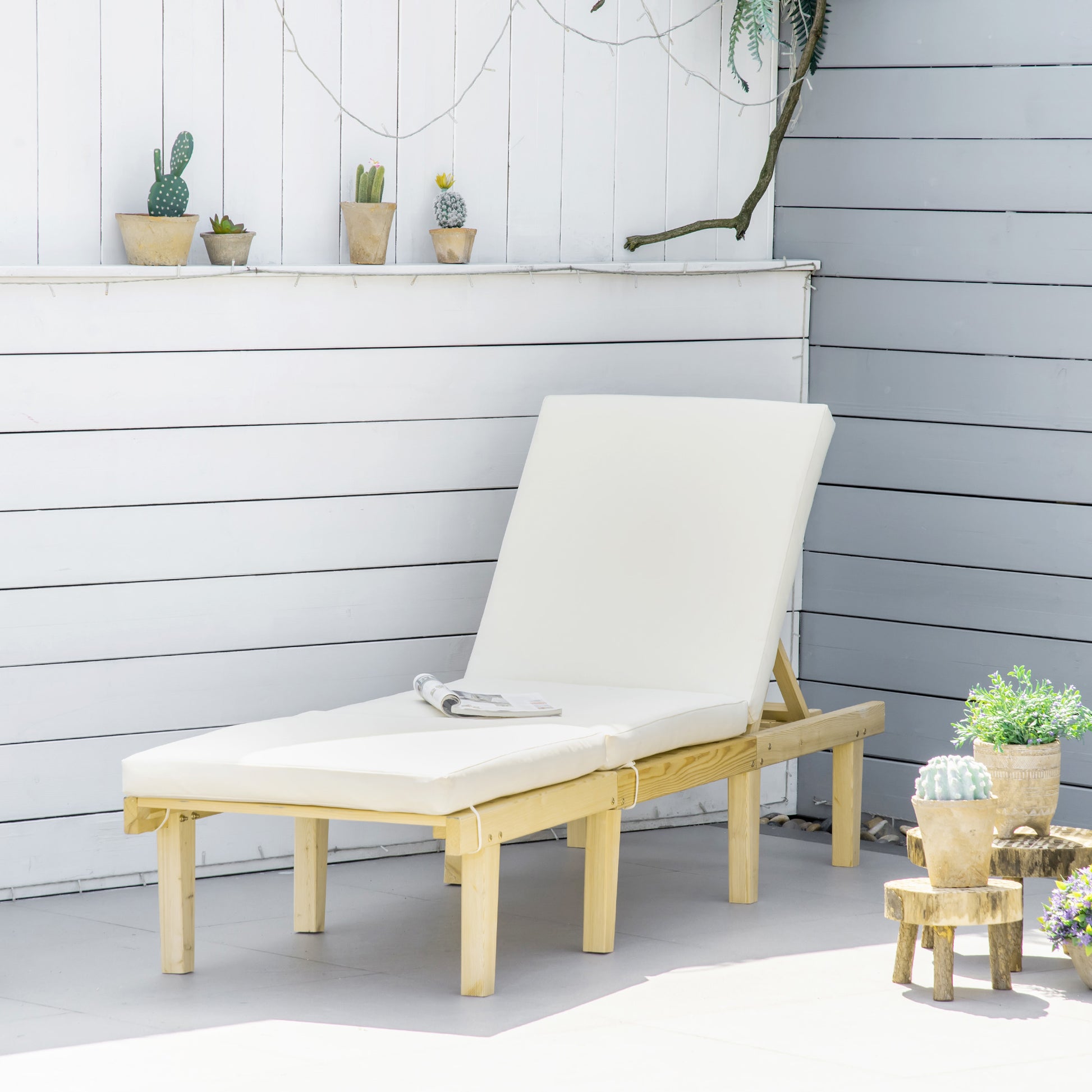 Outsunny Chaise Lounge Chair For Outdoor, Patio Recliner With 4 Position Adjustable Backrest And Cushion For Deck, Beach, Lawn And Sunbathing, Natural Natural Wood Polyester