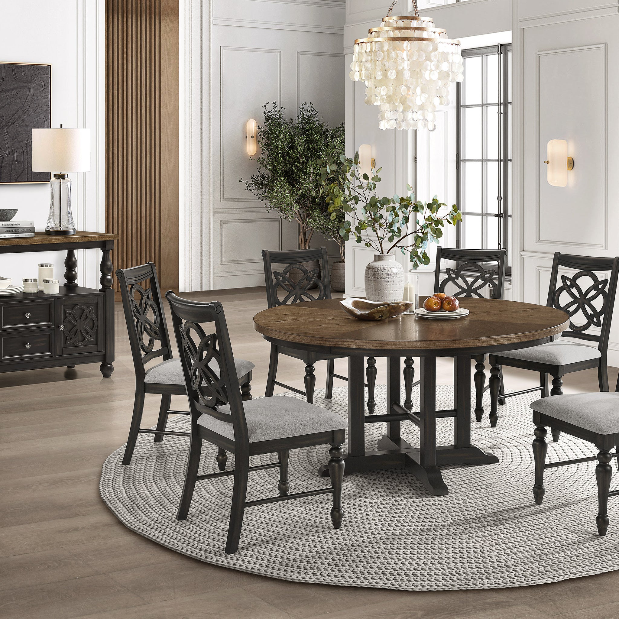 Brown Gray Finish Round Table Top Upholstered Seats Chair Wooden Dining Room Furniture 7Pc Set Solid Wood Wood Wood Grey Brown Gray Seats 4 Wood Dining Room Traditional,Vintage Rectangular Round Dining Table With Chair Wood