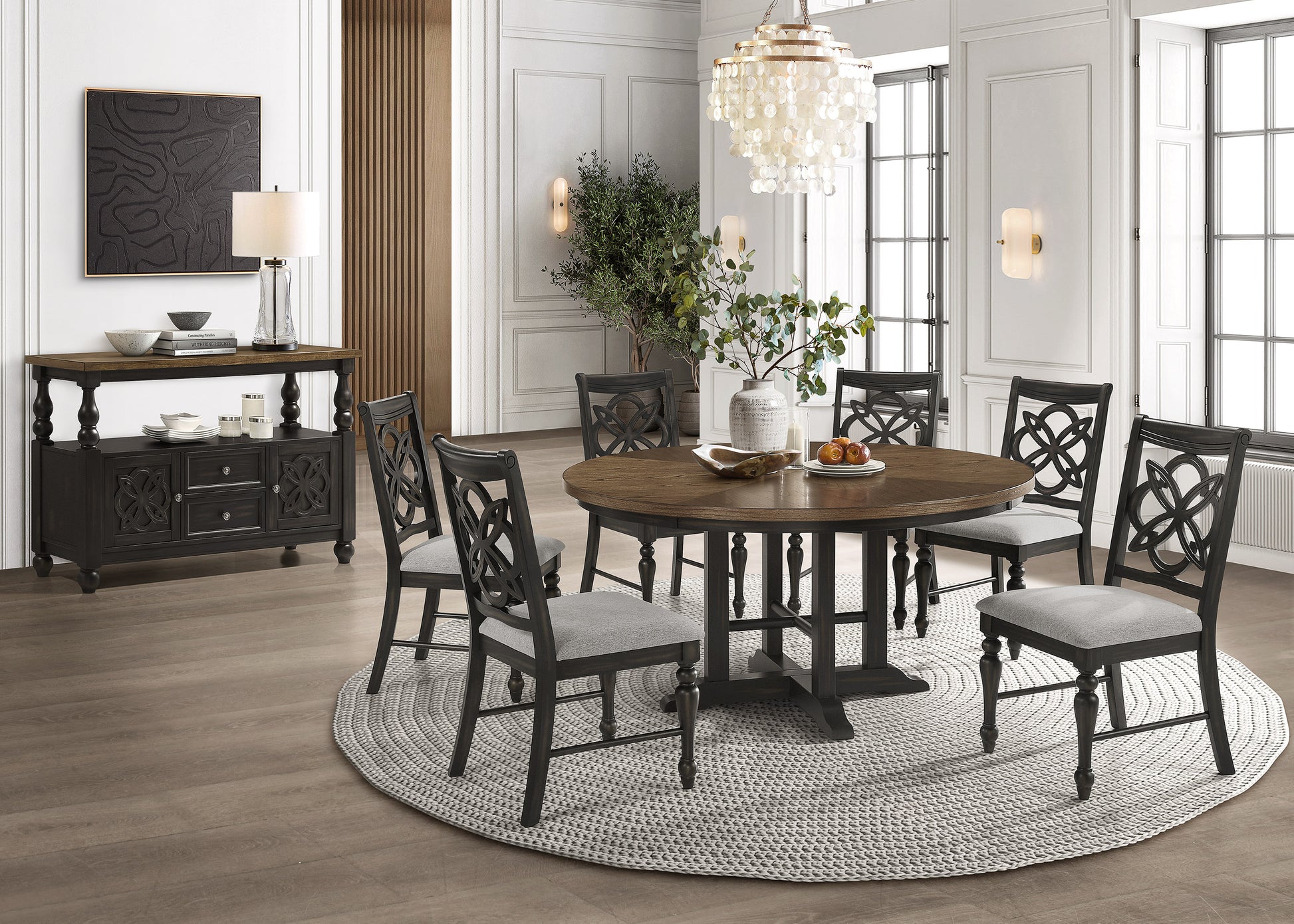 Brown Gray Finish Round Table Top Upholstered Seats Chair Wooden Dining Room Furniture 7Pc Set Solid Wood Wood Wood Grey Brown Gray Seats 4 Wood Dining Room Traditional,Vintage Rectangular Round Dining Table With Chair Wood