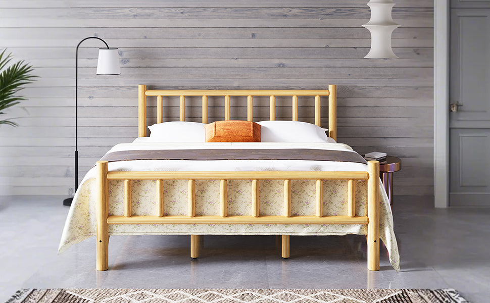 Farmhouse Log Bed Frame King Rustic Style Pure Solid Pine Cylinder Construction Bed Fits Mattresses And Box Springs, Natural Finish King Natural Pine