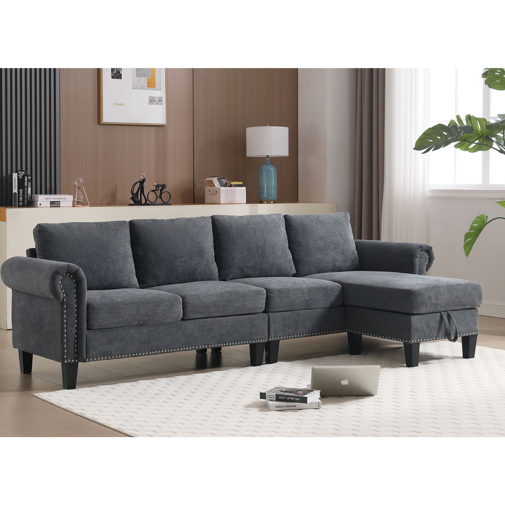 Arrived Convertible Sectional Sofa With Storage,L Shaped Sofa,Four Seater Sofa,Modern Linen Fabric Sectional Couches For Living Room,Gray Gray Polyester Wood Primary Living Space Medium Soft Cushion Back Modern Rolled Arms Wood 4 Seat