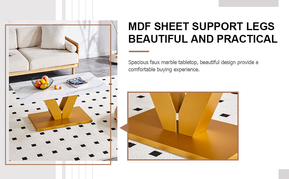 Modern Minimalist Coffee Table. Tempered Glass With Stickers Tabletop,Golden Mdf Pillars. Suitable For Living Room And Dining Room Gold Mdf Glass