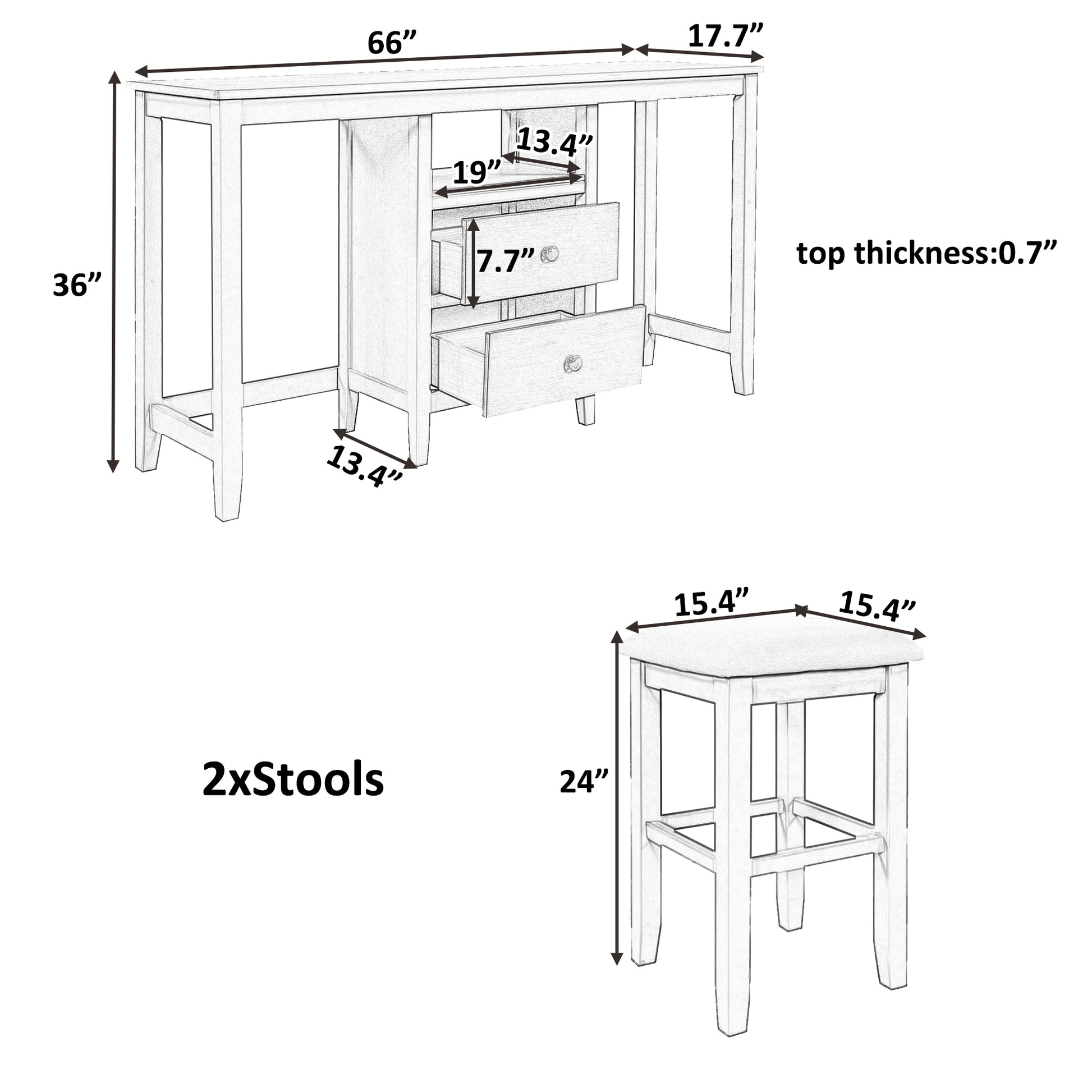 Farmhouse Rustic 3 Piece Counter Height Wood Dining Table Set With Cabinet,2 Storage Drawers And 2 Stools For Small Places,Black Cherry Wood Wood Cherry Seats 2 Wood Dining Room Farmhouse Rubberwood Rectangular Foam Solid Wood
