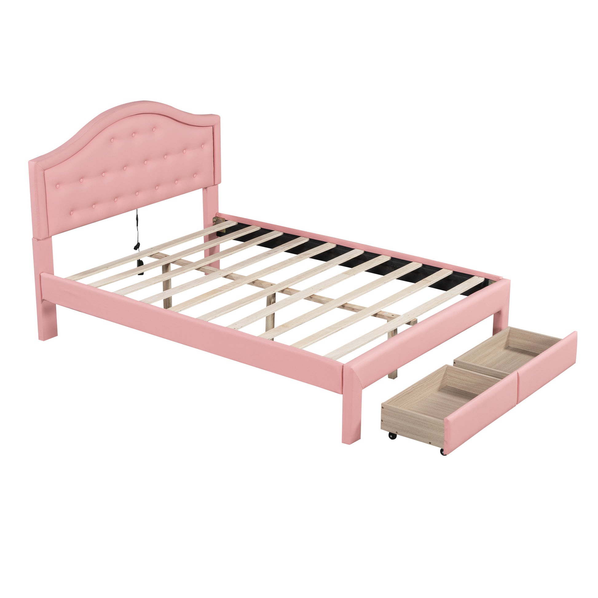 Full Size Upholstered Platform Bed With Tufted Headboard, Led And 2 Drawers, Pink Box Spring Not Required Full Pink Wood Bathroom Bed Frame Faux Leather Upholstered