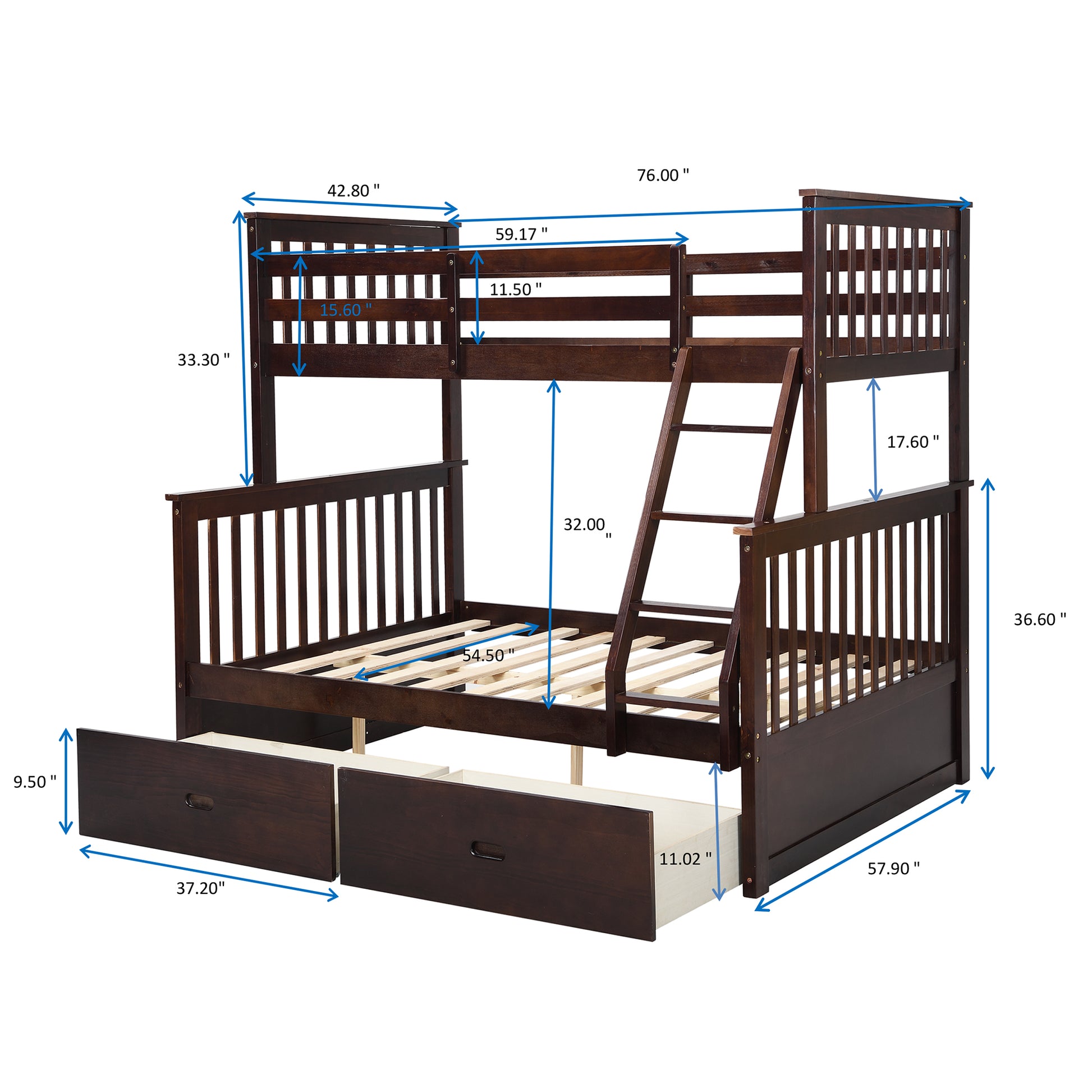 Twin Over Full Bunk Bed With Storage Drawers, Wooden Bunk Bed With Ladder And Safety Guard Rails Espresso Full Espresso Wood