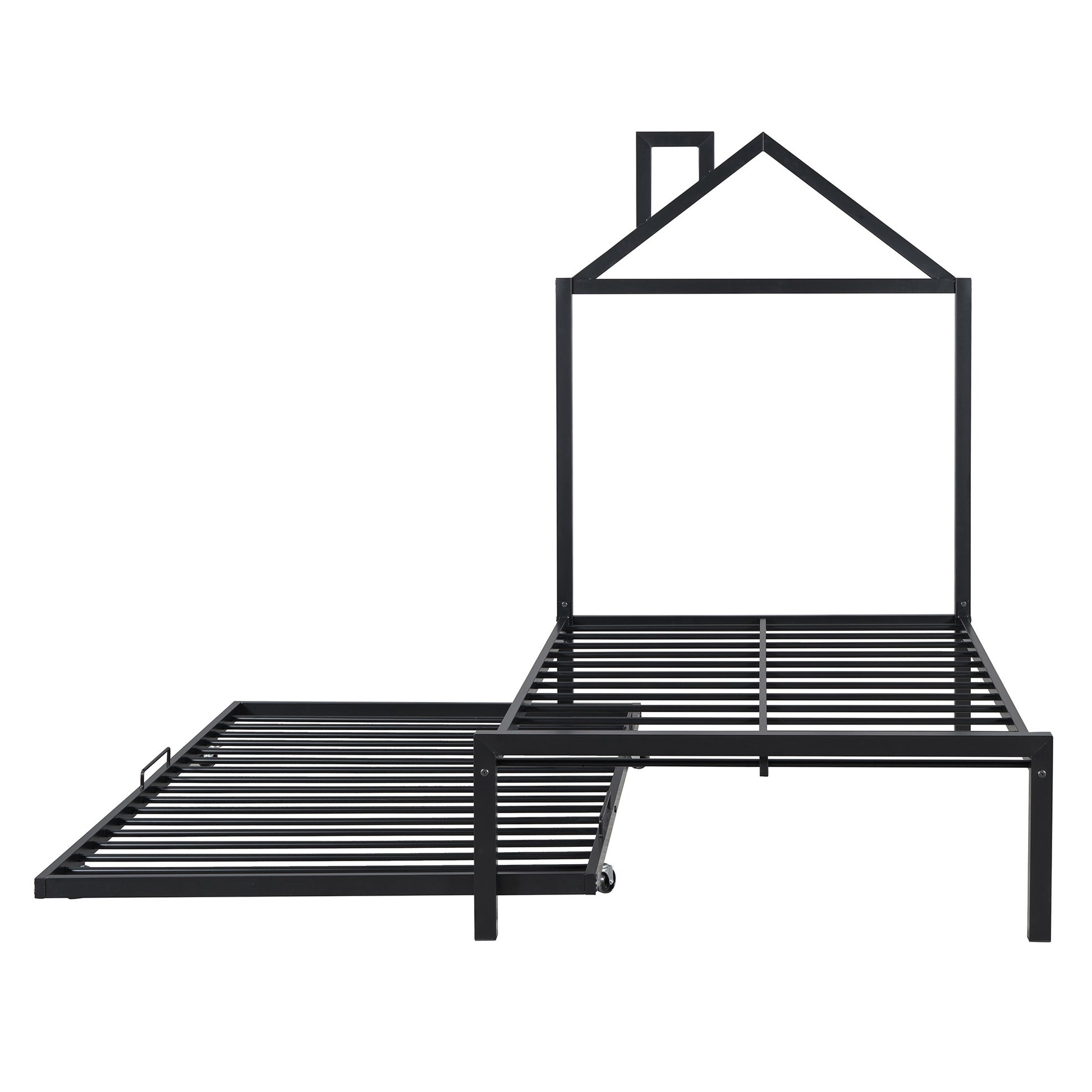 Twin Size Metal Platform Bed With Twin Size Trundle,House Shaped Headboard Design, Black Twin Black Metal