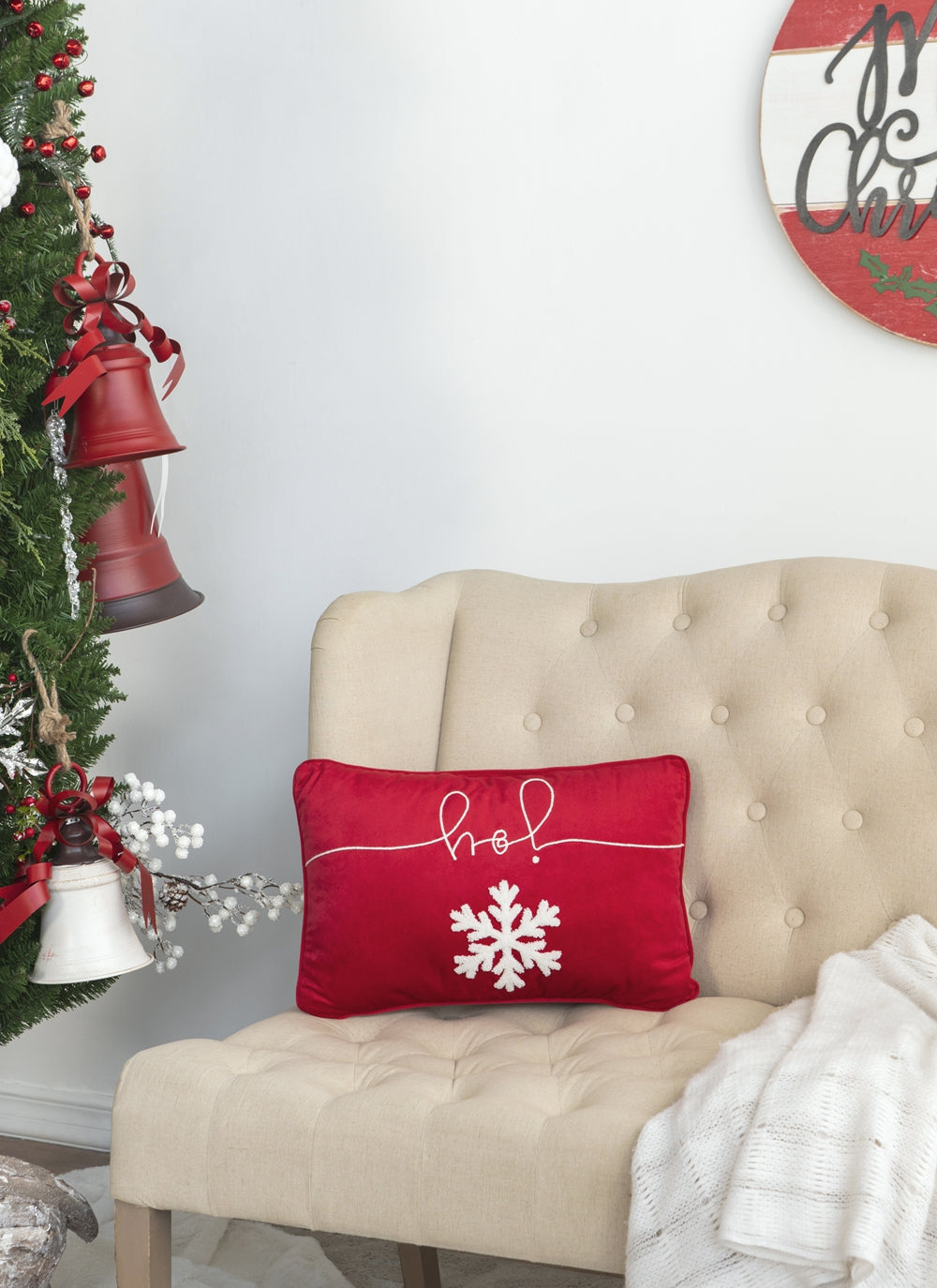 Set Of 2, 18X12" Red Velvet Pillow With Embroidered Joy And Frosty Snowflake, For Christmas Halloween Holiday Decor Red,White Acrylic,Polyester
