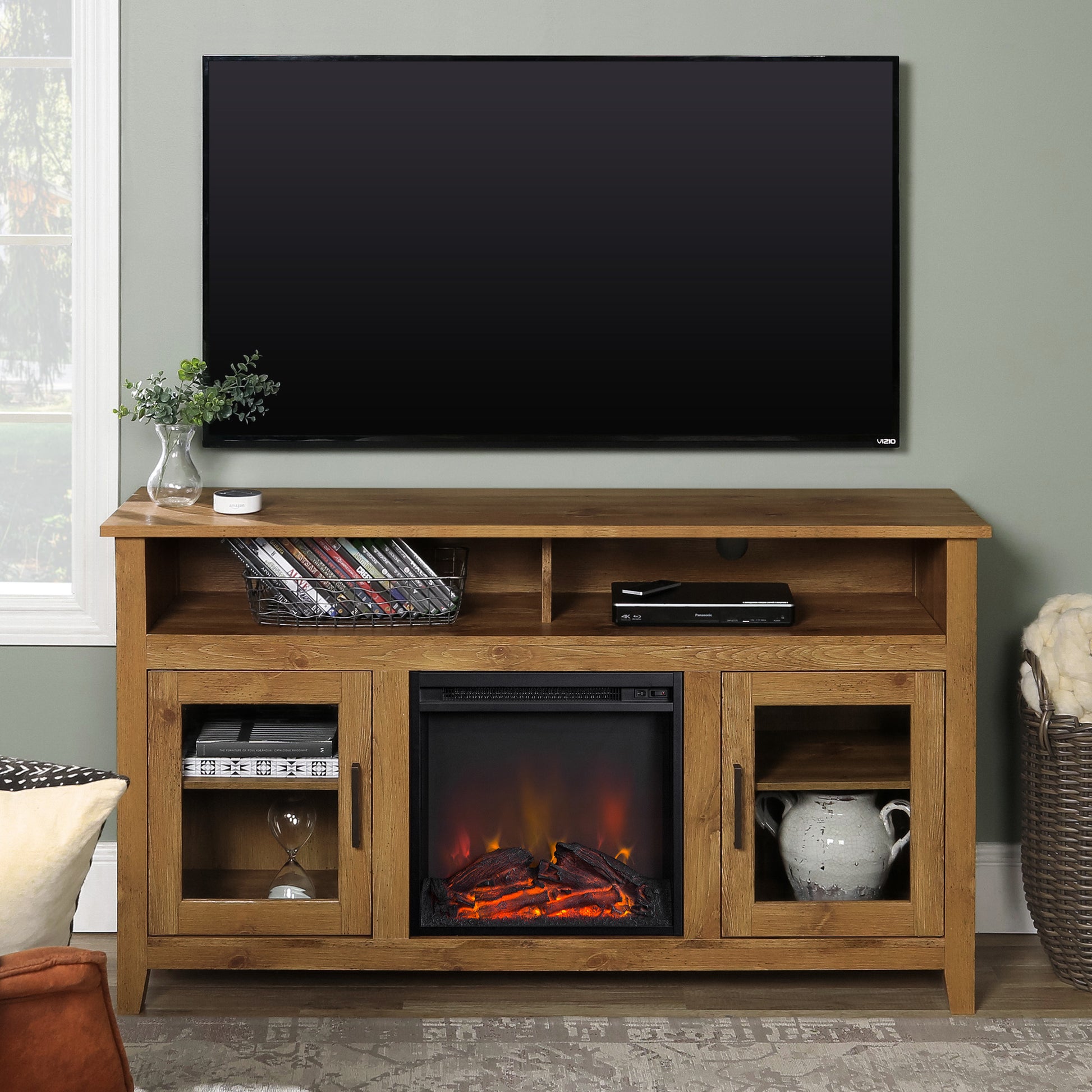 Transitional Electric Fireplace Wood And Glass Tv Stand For Tvs Up To 65" Grey Wash Gray Wash Mdf