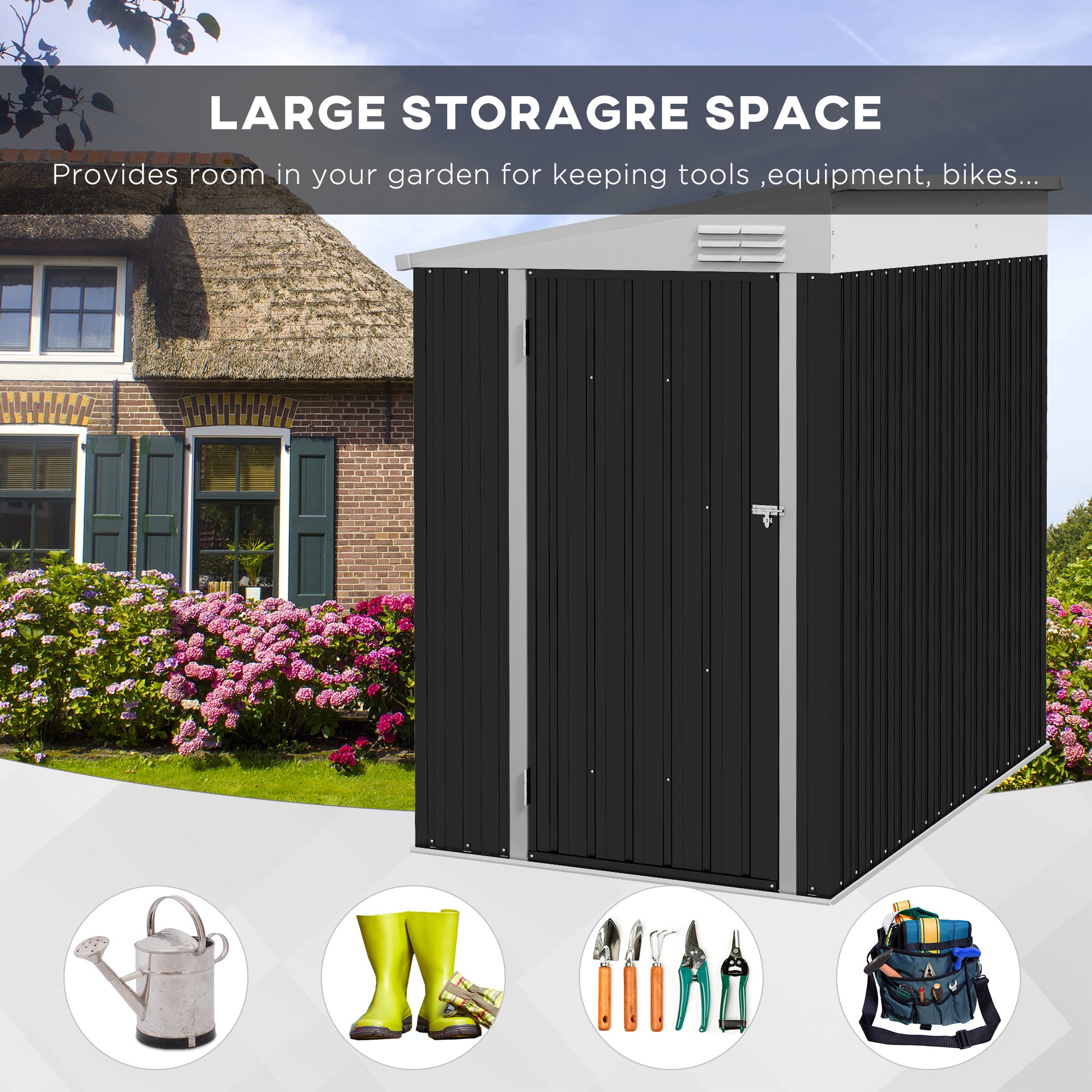 Outsunny 4' X 6' Metal Outdoor Storage Shed, Lean To Storage Shed, Garden Tool Storage House With Lockable Door And 2 Air Vents For Backyard, Patio, Lawn, Dark Gray Gray Steel