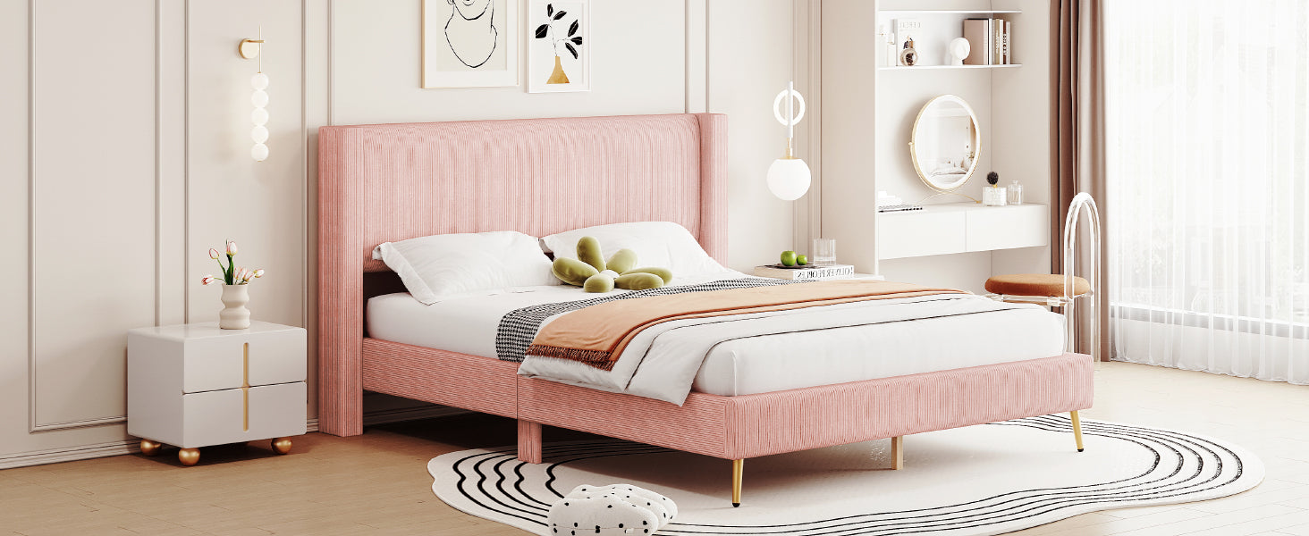Queen Size Corduroy Platform Bed With Metal Legs, Pink Old Sku:Wf300238Aah Queen Pink Corduroy