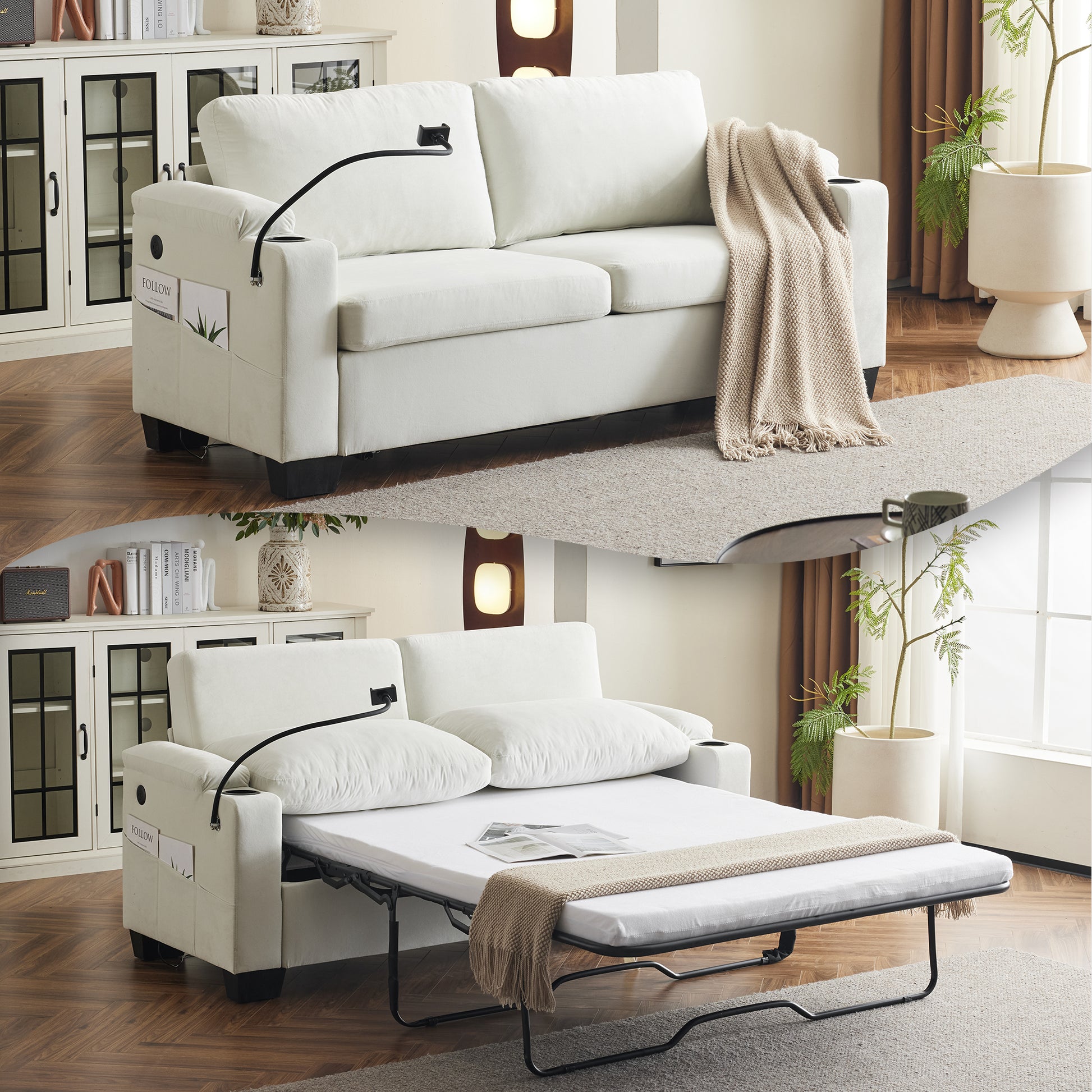 73.63*27.96 Pull Out Sofa Bed, Chenille Material, Pull Out Queen Sofa Bed With Memory Foam Mattress, For Living Room, Bedroom, Office, Apartment, White White Minimalist Chenille,Metal & Wood