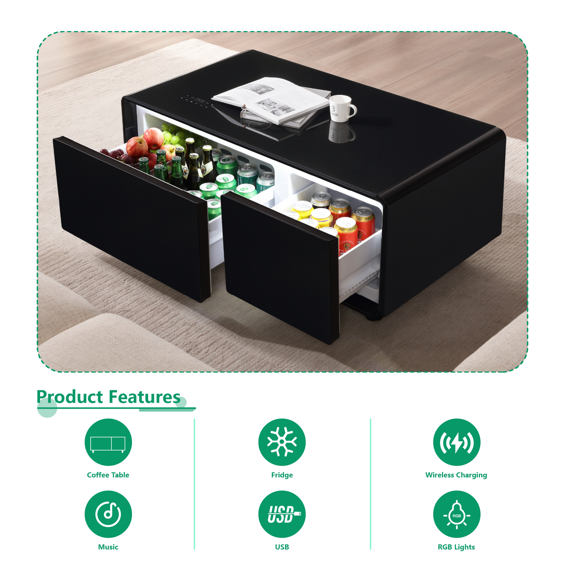 Modern Smart Coffee Table With Built In Fridge, Bluetooth Speaker, Wireless Charging, Touch Control Panel, Usb Interface, Outlet Protection, Atmosphere Light, Black Black Built In Outlets Or Usb Primary Living Space Luxury,Modern Freestanding Rectangular