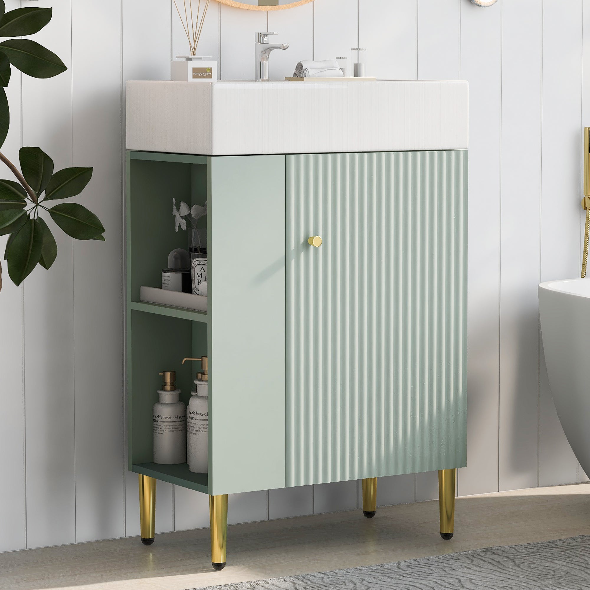 21.6" Green Bathroom Vanity, Combo Cabinet, Bathroom Storage Cabinet, Single Ceramic Sink, Left Side Storage Green Bathroom Ceramic Mdf