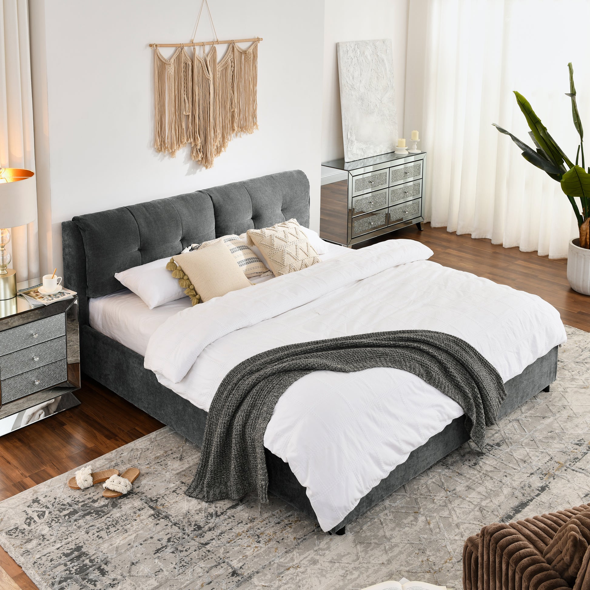 King Size Storage Upholstered Hydraulic Platform Bed With Integrated Headboard, Chenille Fabric, Gray King Gray Bedroom Luxury,Modern Chenille Chenille