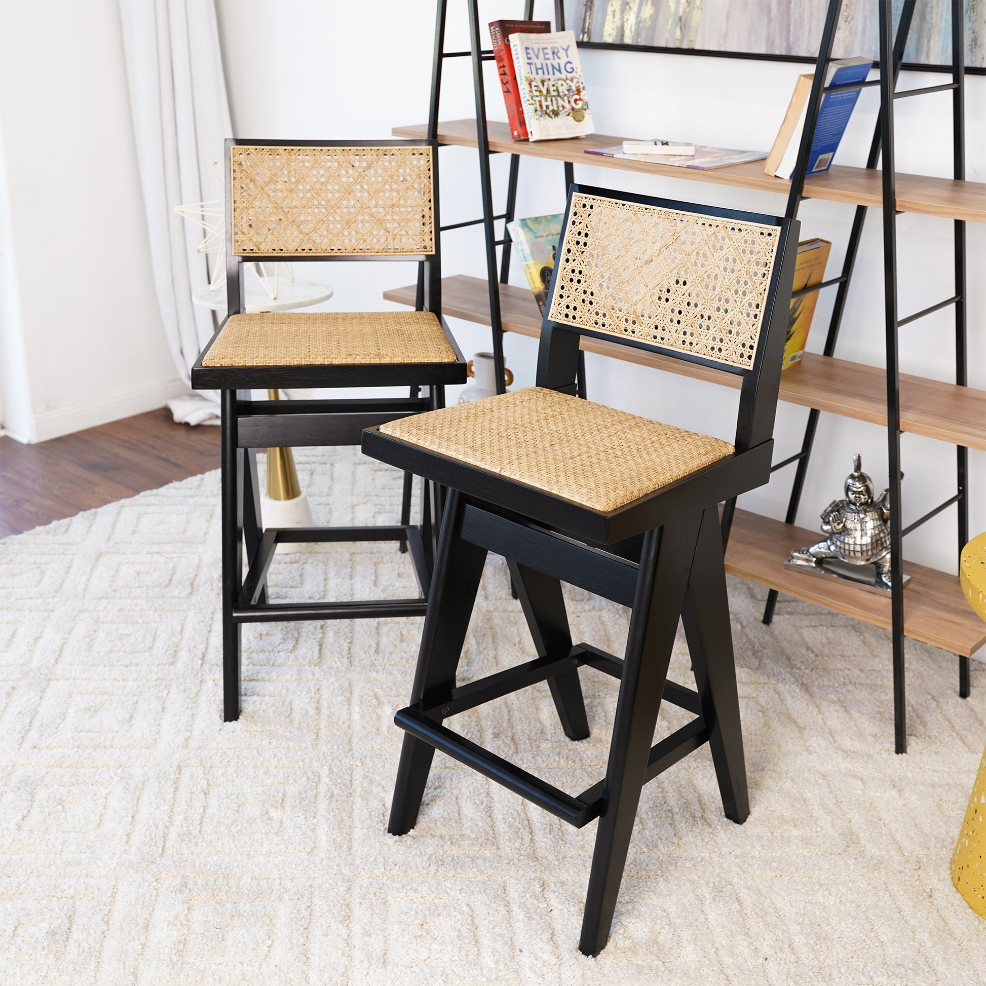 Keira Rattan Bar Stool Set Of 2 Black,Rattan Rattan,Solid Wood