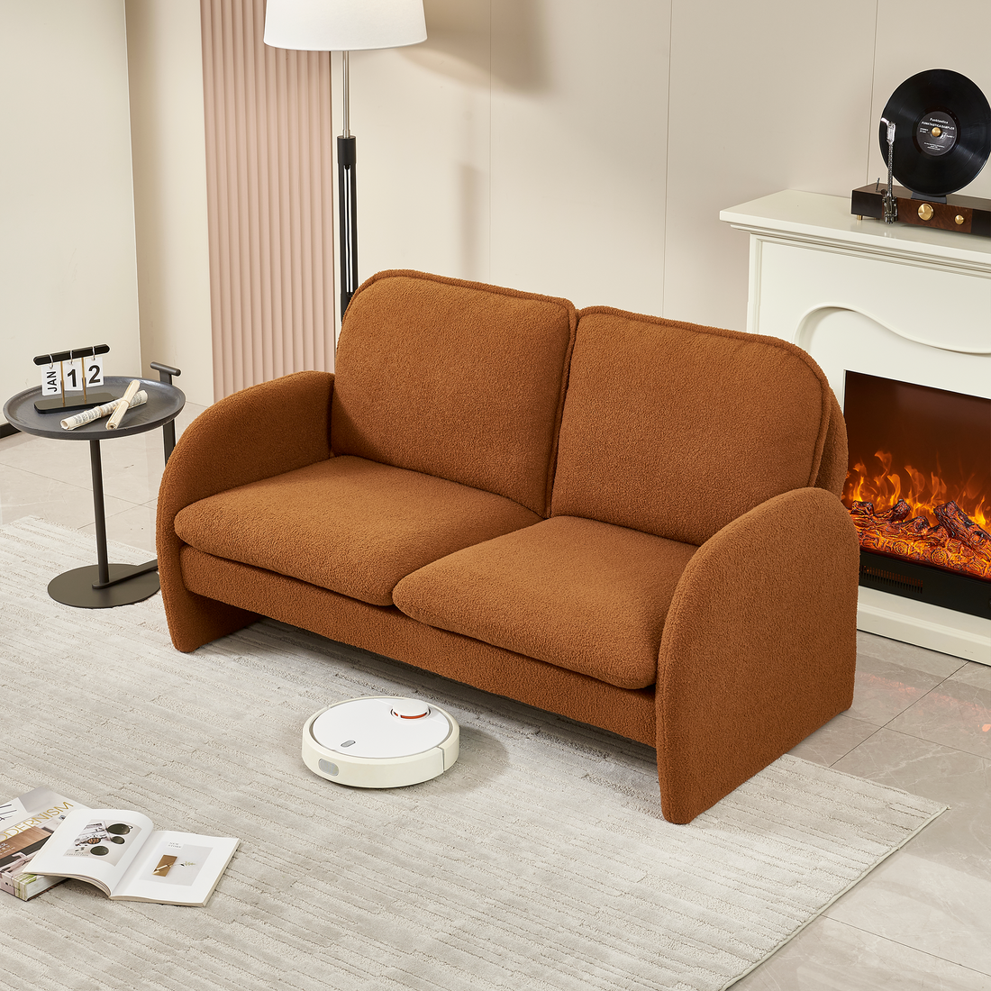 59" Loveseat Sofa Small Couch For Living Room, Sherpa Fabric Upholstered Loveseat Sofa Couch, Small Loveseat Sofa For Apartment, Bedroom Orange Foam Sherpa 2 Seat