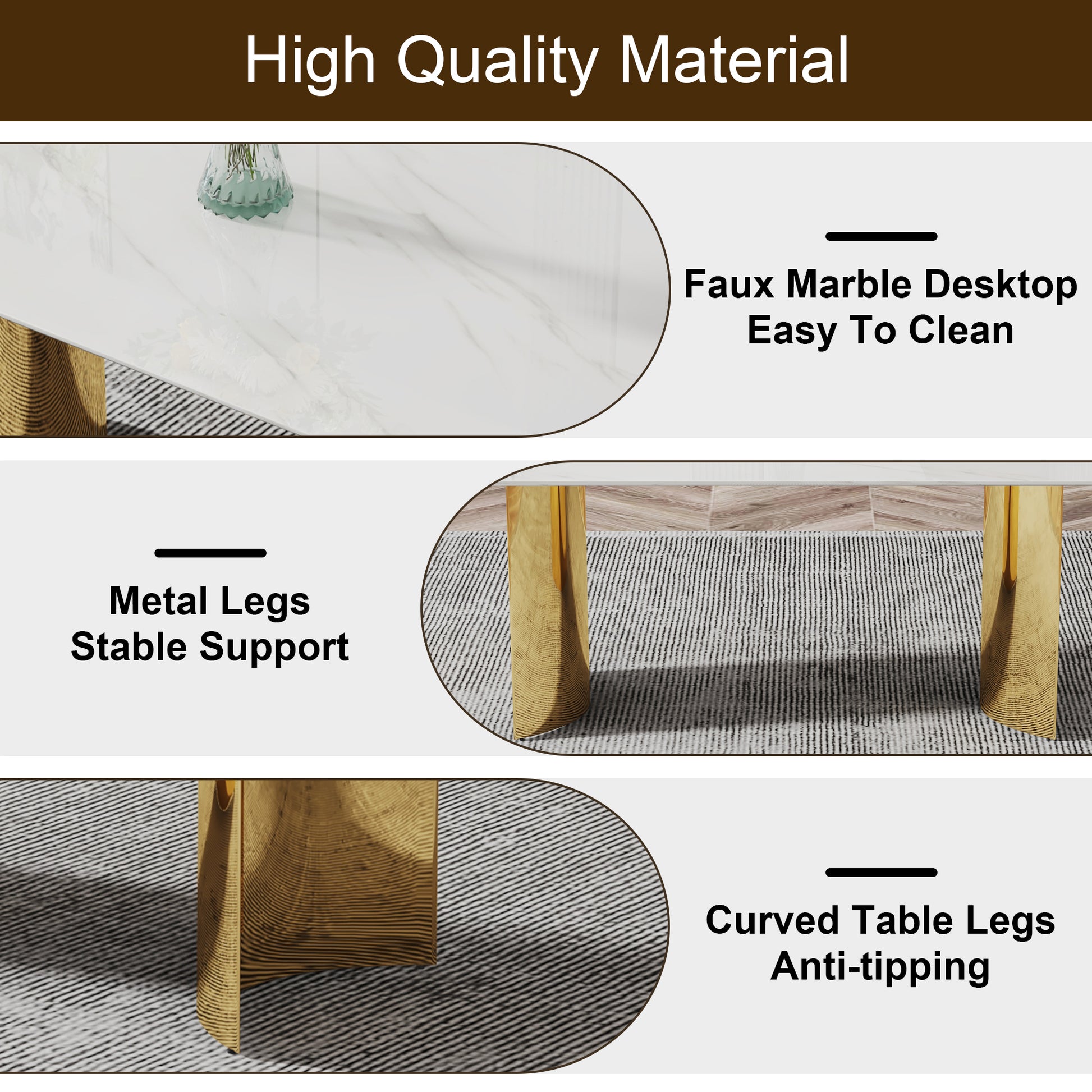 Table And Chair Set.The Table Has A Glass Top With Imitation Marble Pattern Stickers And Stainless Steel Golden Legs. Paried With Chairs With Pu Artificial Leather Backrest Cushions And Black Legs. White Gold Seats 6 Glass Metal