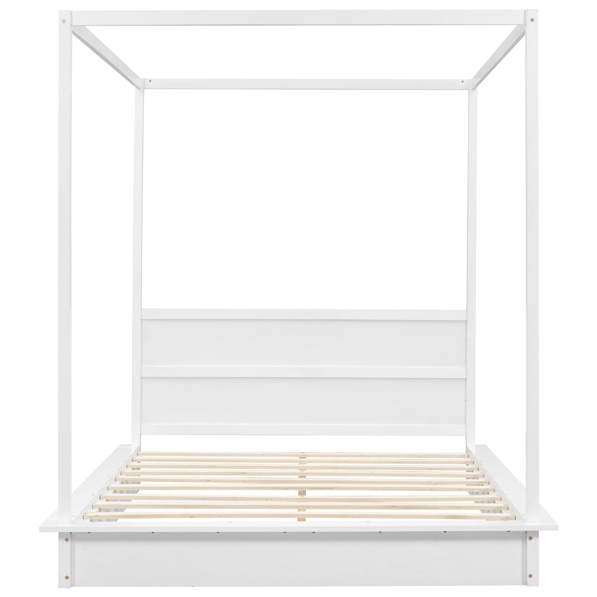 Queen Size Wood Led Canopy Bed ,Canopy Platform Bed With Support Slats, No Box Spring Needed, White Queen White Plywood