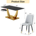 Table And Chair Set.Modern Rectangular Dining Table With Black Textured Stickers Glass Tabletop And Gold Plated Metal Legs.Paried With 4 Comfortable Chairs With Pu Seats And Black Metal Legs. Black Gold,Light Gray Seats 4 Glass Metal