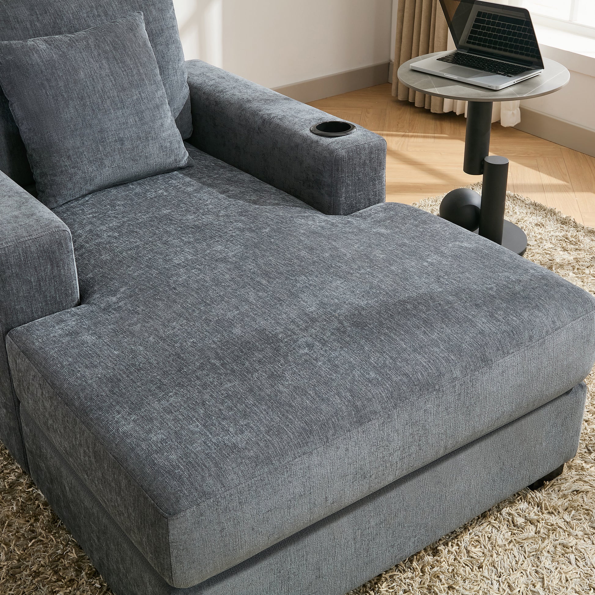 39.7" Oversized Chaise Lounger Modern Style Sofa Couch ,With Pillows, Charge Station & Cup Holders, Chenille Fabric, Blue Gray Blue Gray Chenille