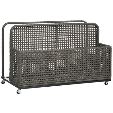 Outsunny Patio Wicker Pool Float Storage With Wheels, Outdoor Rolling Pe Rattan Pool Caddy, Includes Compartment And Basket, For Pool, Garden, Deck, Light Gray Gray Steel