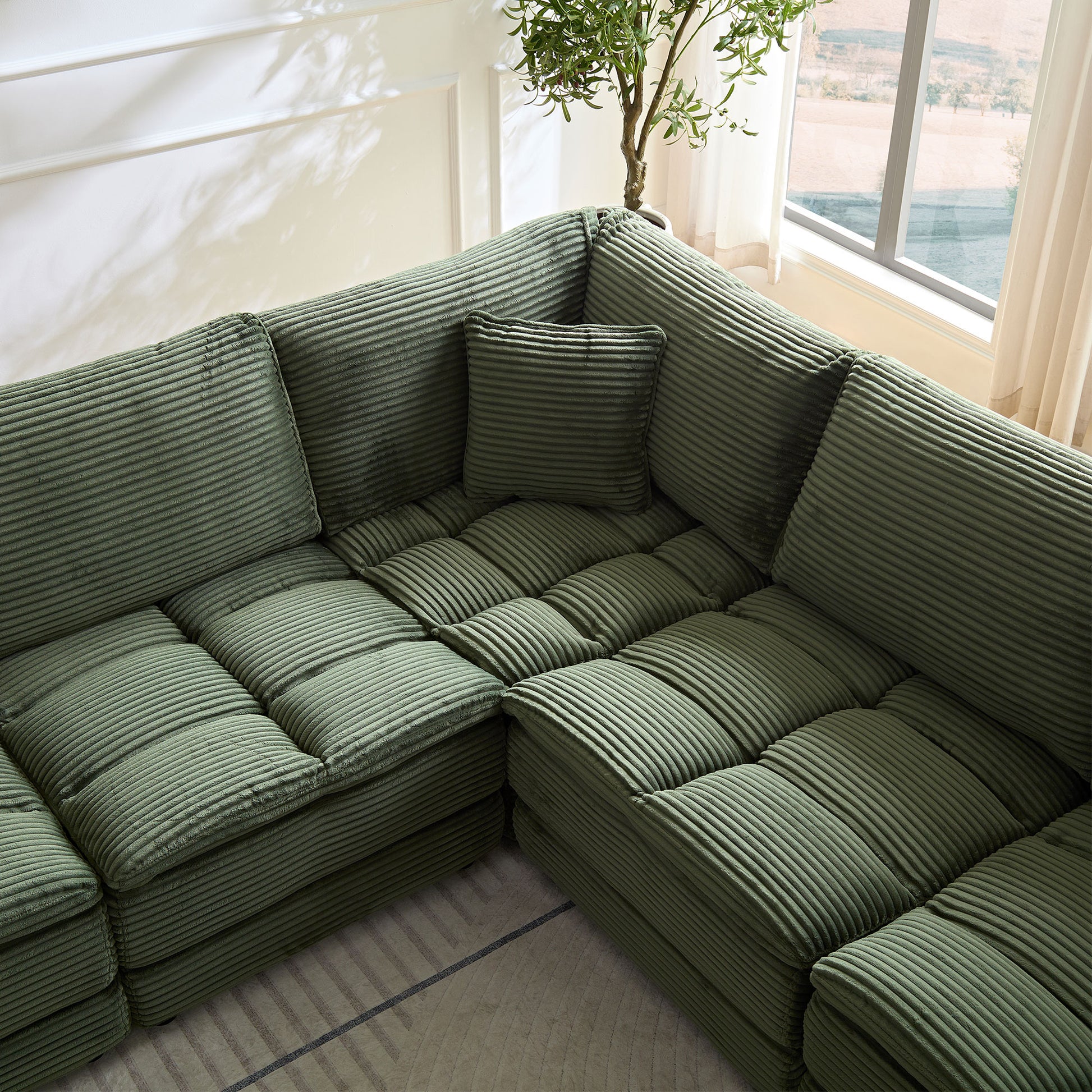 6 Seats,Oversized Sectional Sofa,L Shaped Corner Couch With Detachable Seat & Back Cushion, Corduroy Upholstery Convertible Sleeper Sofa&Couch For Living Room Green Fabric 6 Seat