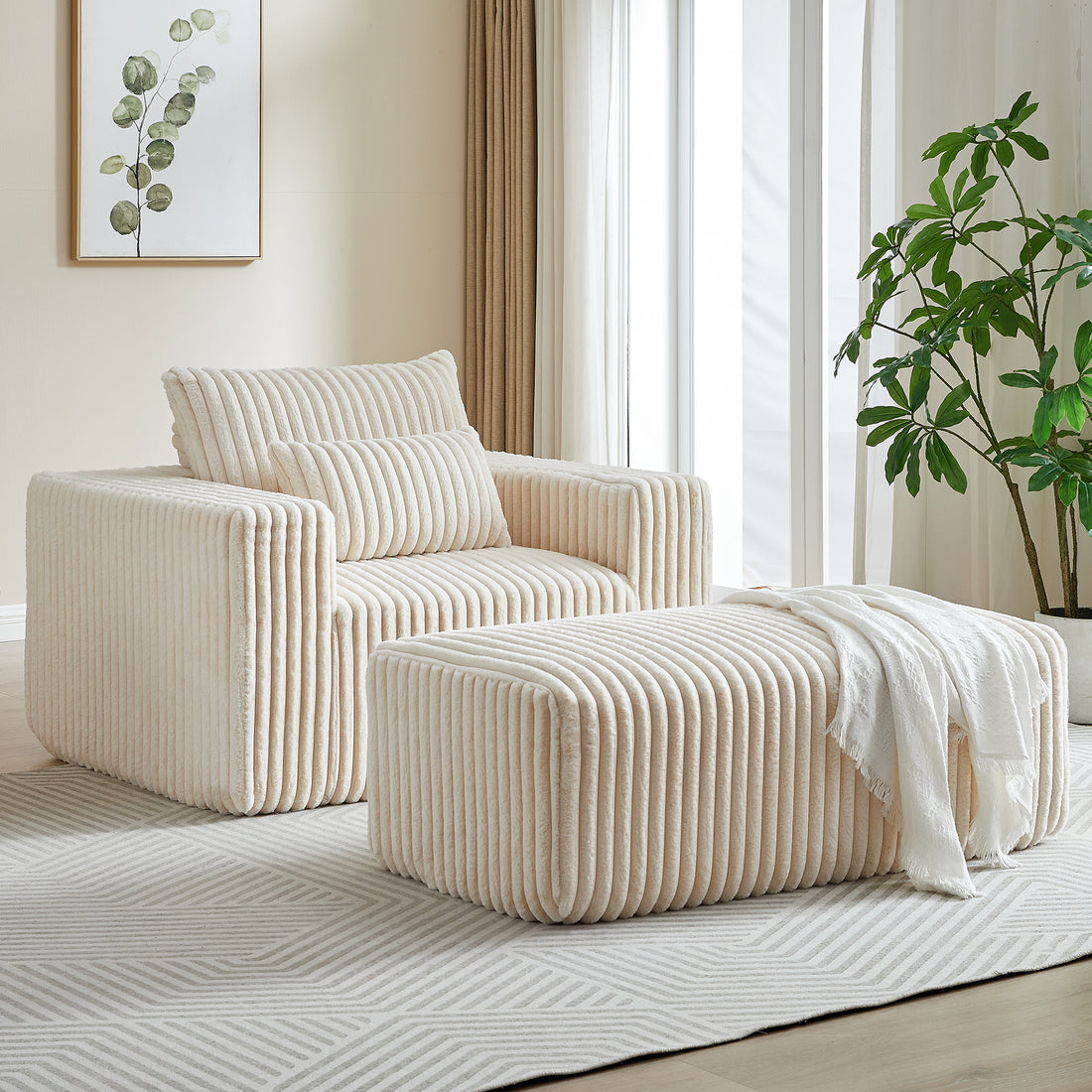 62.5 Inch Corduroy Sponge Sofa Lounge Chair With Removable Footrest,No Assembly Required,Fluffy Modern Sleeper Chair For Indoor Living Room Bedroom Beige Foam Corduroy 1 Seat