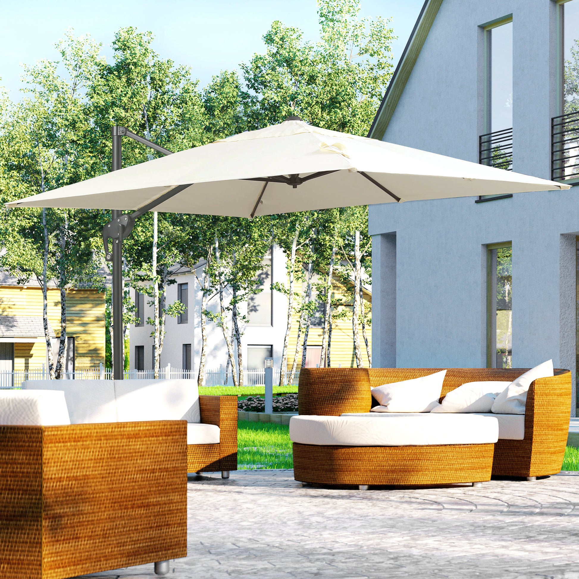 Outsunny 8Ft Cantilever Patio Umbrella, Square Outdoor Offset Umbrella With 360 Rotation, Aluminum Hanging Umbrella With 3 Position Tilt, Crank & Cross Base For Garden, Cream White Off White Steel