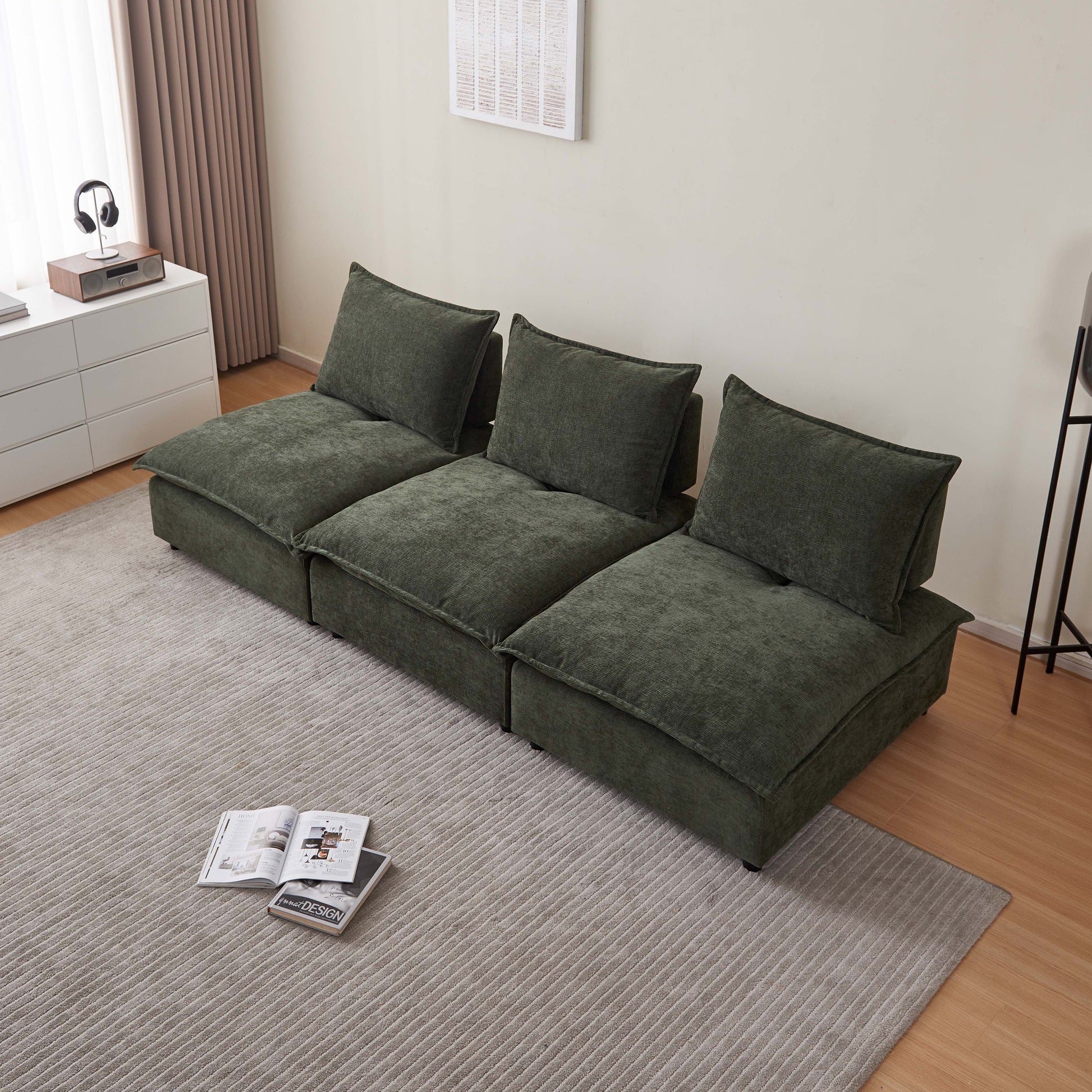 Mid Century Modern 3 Seater Sofa Couch For Living Room Modular Sectional Armless Sofa, Ultra Soft Chenille Fabric, Sturdy Frame, Comfortable And Stylish Furniture Green Foam Chenille 3 Seat