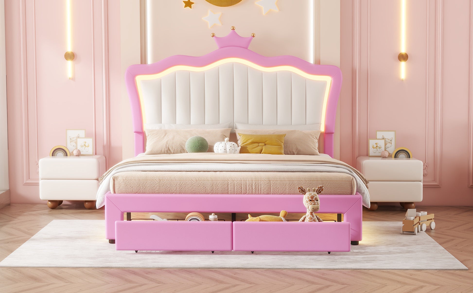 Full Size Upholstered Bed Frame With Led Lights, Modern Upholstered Princess Bed With Crown Headboard, 2 Drawers, Pink White Box Spring Not Required Full Pink White Wood Bathroom Modern Bed Frame Pu