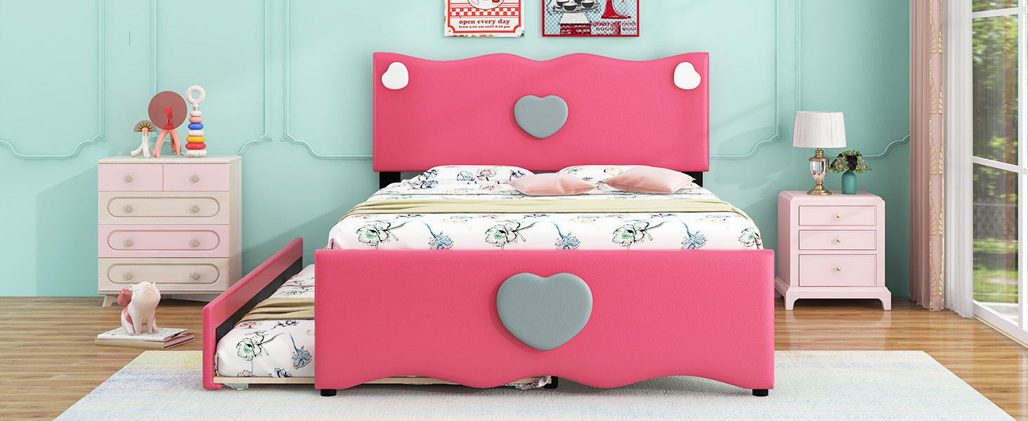 Full Size Upholstered Platform Bed With Trundle And Heart Shaped Decoration, Dark Pink Box Spring Not Required Full Dark Pink Wood Bedroom Bed Frame Faux Leather Upholstered