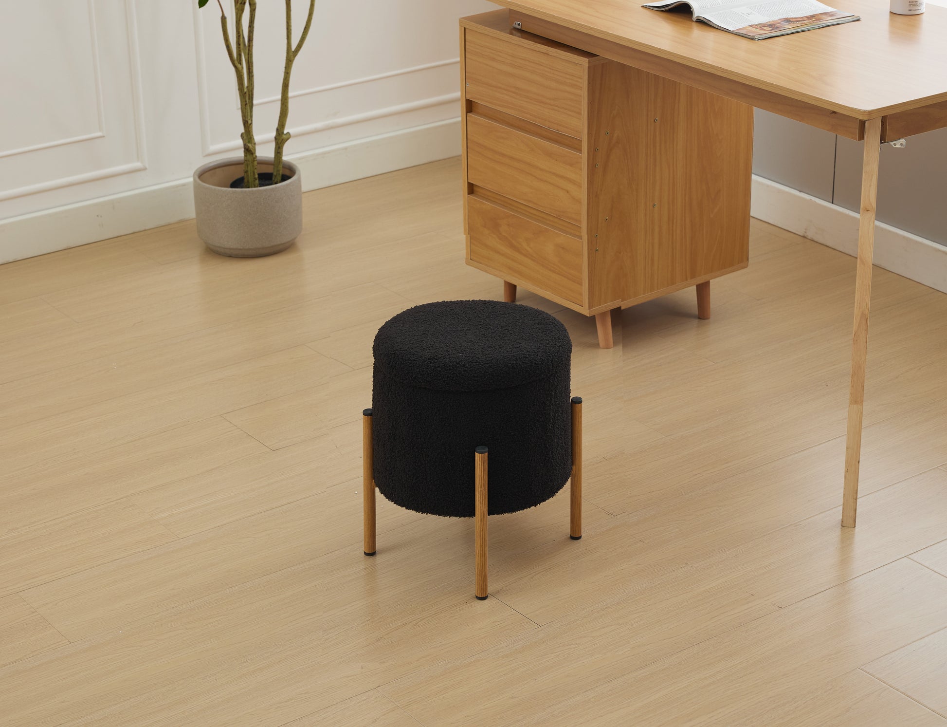 Modern Round Storage Ottoman, Ottoman Foot Stools With Metal Base, Ottoman Footstool With Removable Lid Storage Ottoman For Living Room, Bedroom, Makeup Room Black Black Upholstered