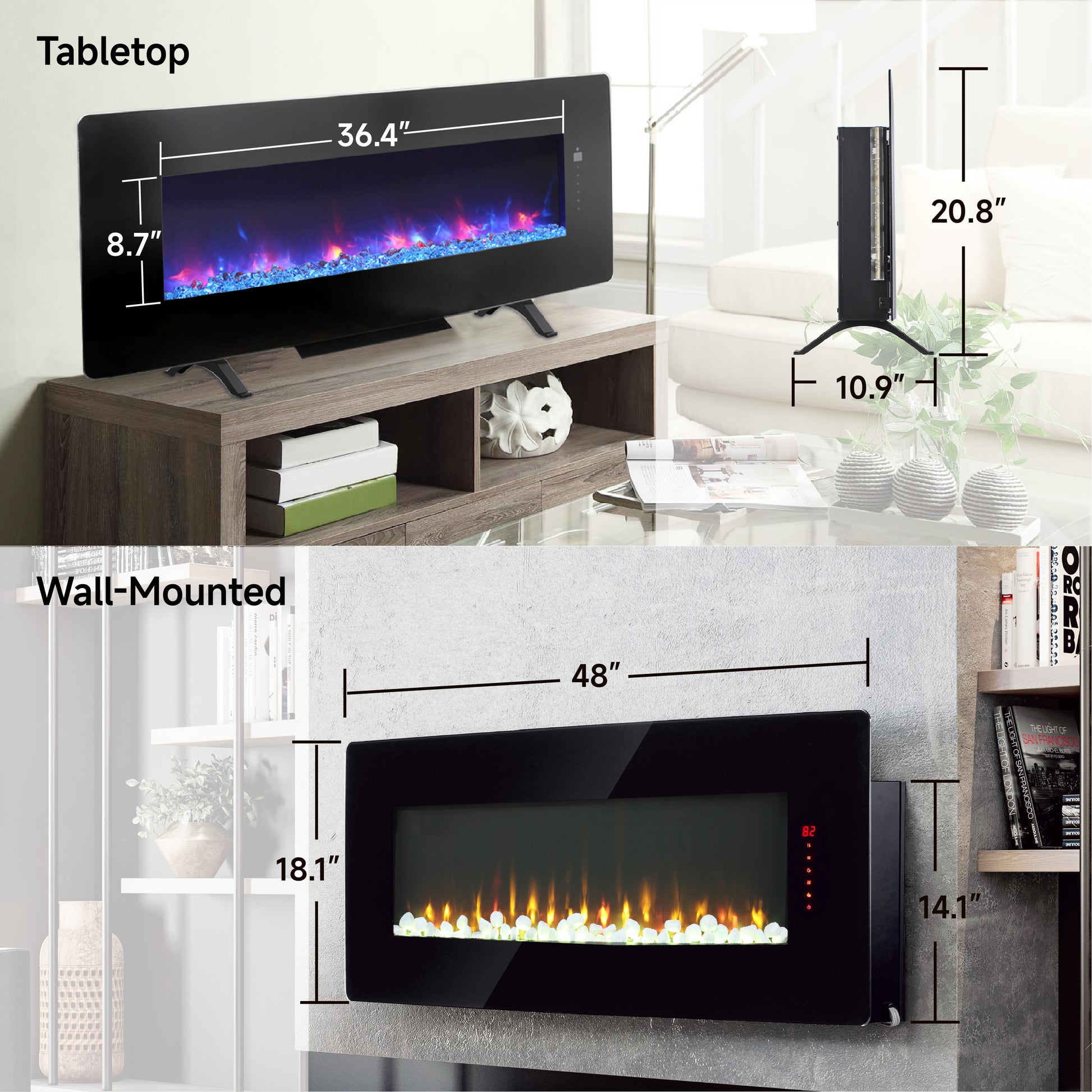 48 Inch Curved Front Wall Mounted Electric Fireplace With Remote And Multi Color Flame & Emberbed Powder Coated Electric Antique Black Vent Free Primary Living Space Yes Wall Mount Tempered Glass Sheet Metal Electric