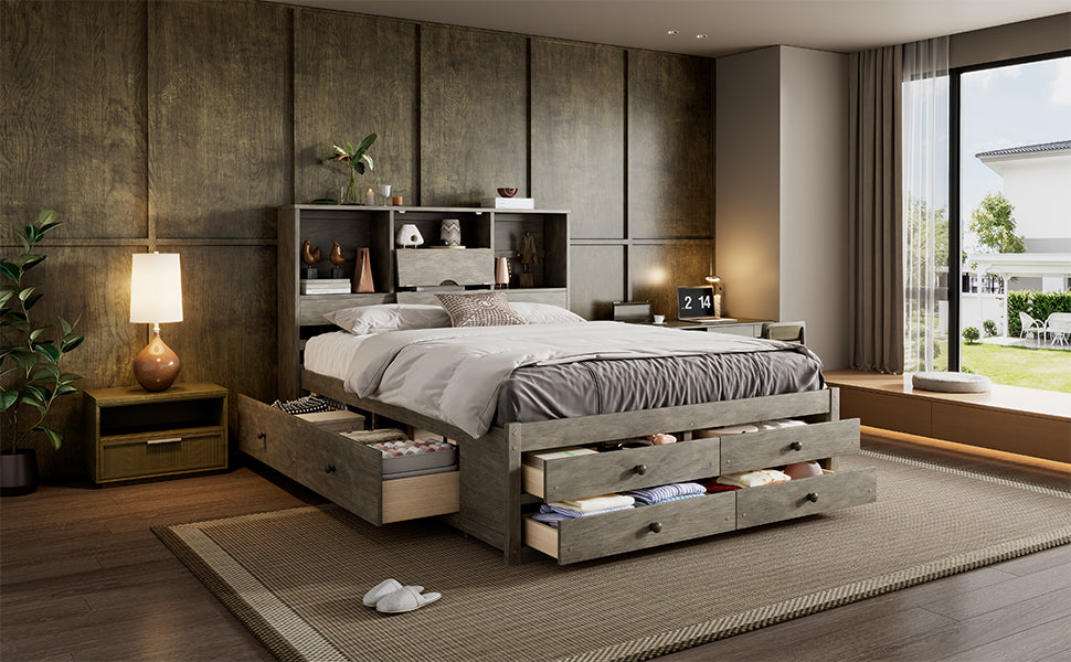 Queen Size Platform Bed With Storage Headboard And 8 Drawers, Gray Box Spring Not Required Queen Gray Wood Bedroom Bed Frame Solid Wood Mdf