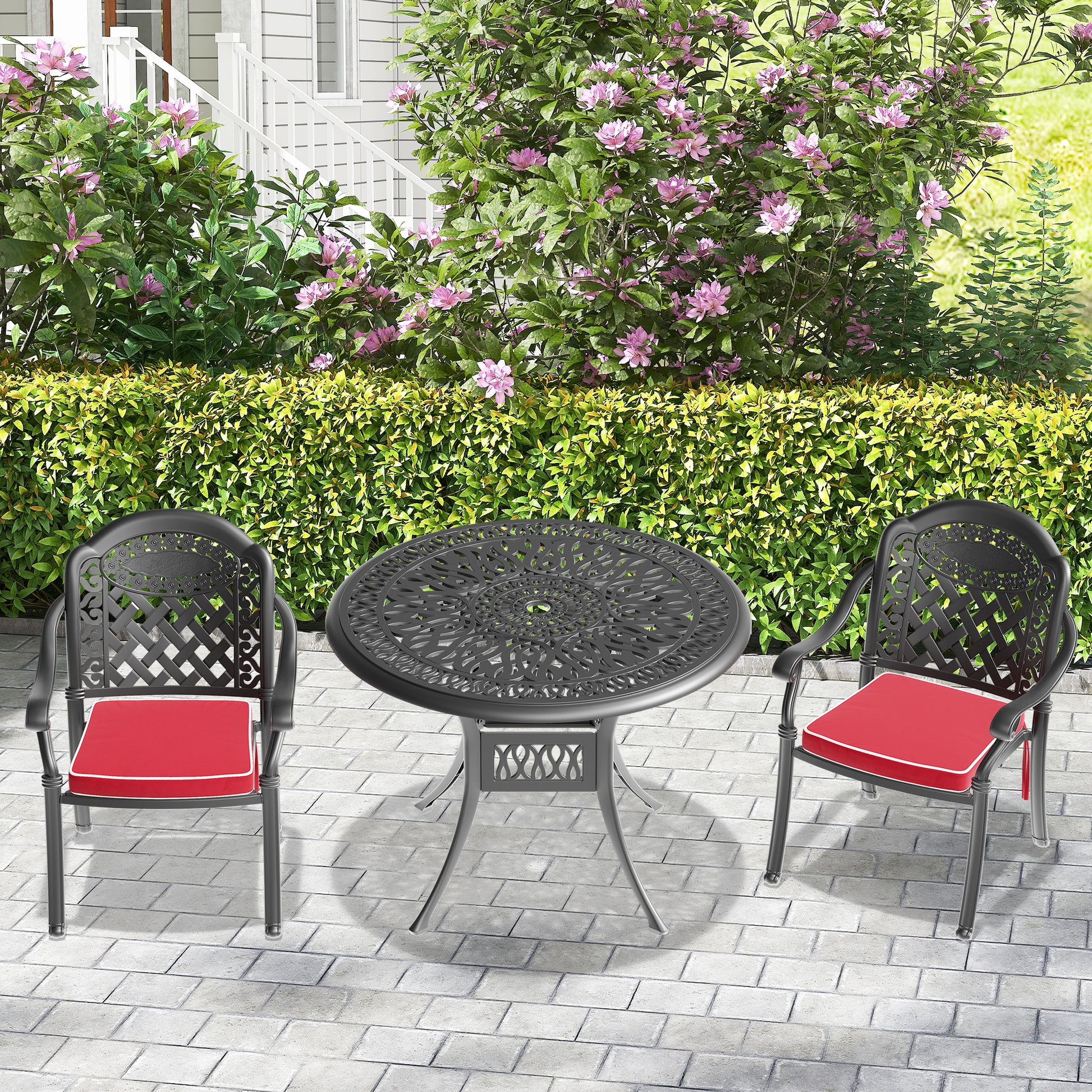 Cushions In Random Colors 3 Piece Set Of Cast Aluminum Patio Furniture With Cushions Yes Complete Patio Set Black Seats 2 Rust Resistant Frame Water Resistant Cushion Garden & Outdoor Complete Patio Sets Aluminium