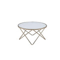 Contemporary Style Round Glass And Metal Coffee Table, White And Gold White Gold Glass Metal