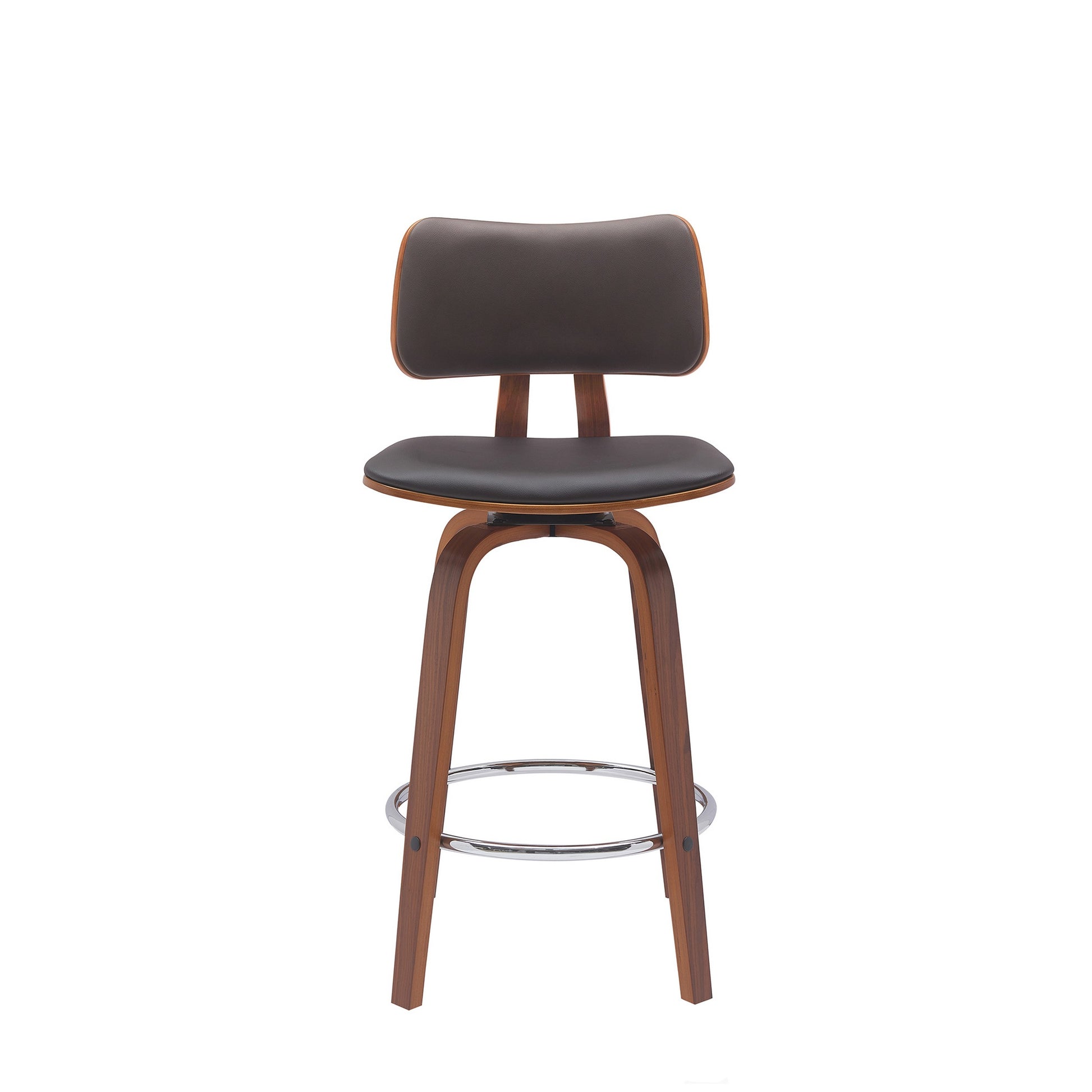 Pino 26 Inch Swivel Counter Stool Chair, Faux Leather, Walnut Brown Wood Brown Leather