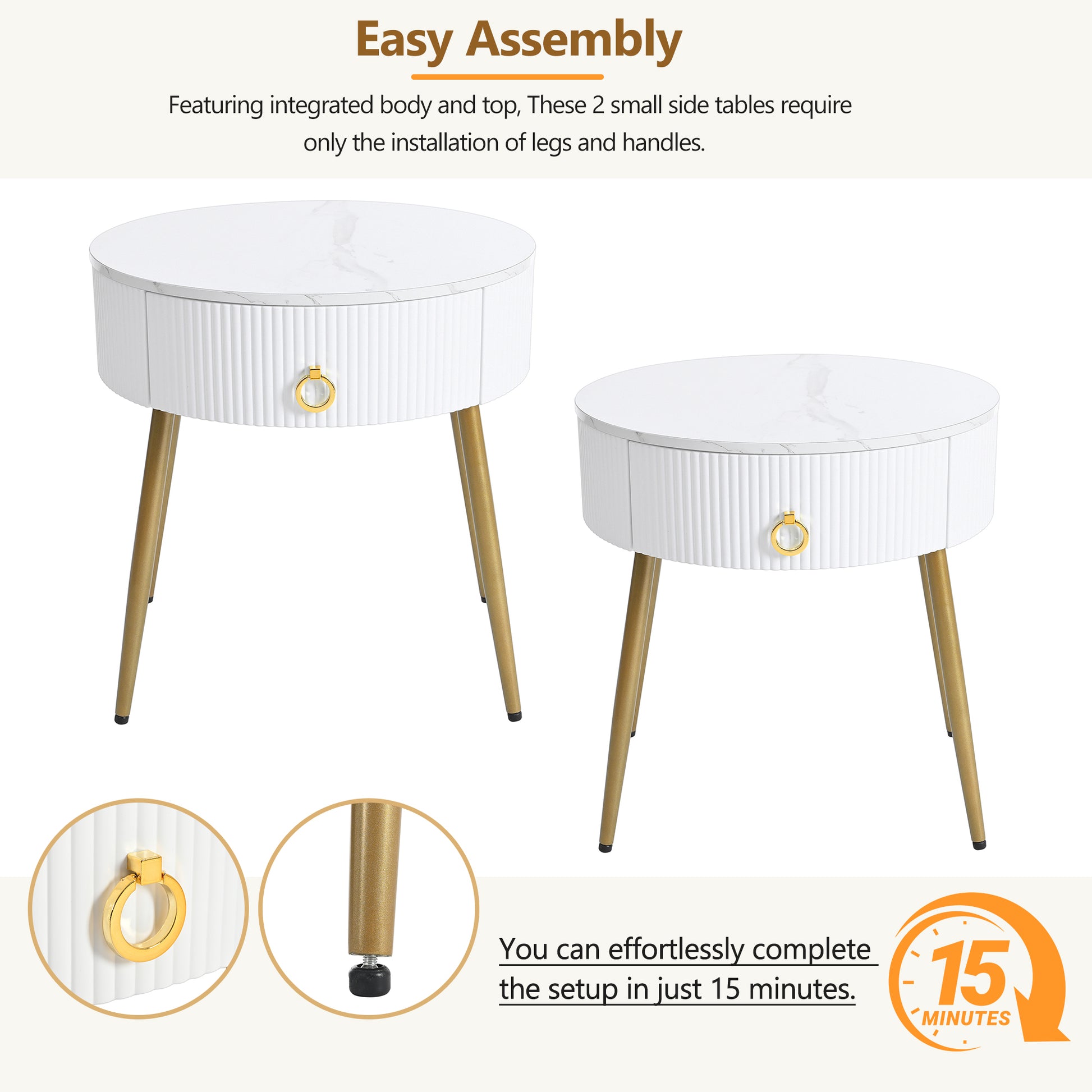 19.6'' Easy Assembly End Tables With High Gloss Faux Marble Tabletops, Set Of 2, Modern Fluted 2 Side Tables With Drawers, Round Coffee Tables With Golden Legs For Living Room, White White Gold Primary Living Space Drawers Round Mdf Iron