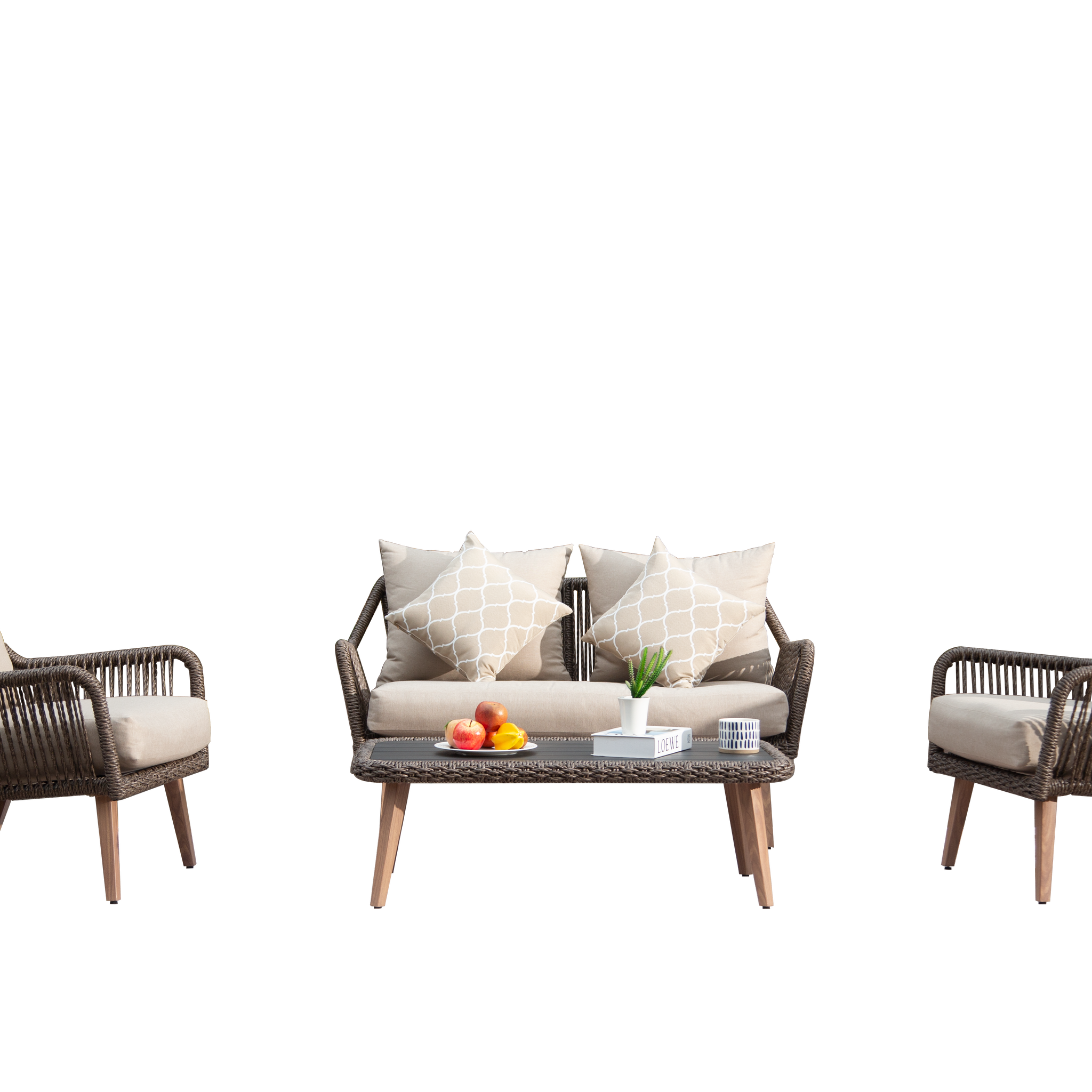 Patio Conversation Sets 4 Pieces, Handwoven Rattan Wicker Aluminum Frame Outdoor Patio Set, All Weather Modern Rope Patio Loveseat With Coffee Table For Garden Balcony Deck Poolside Porch Khaki Yes Khaki Garden & Outdoor Multiple Chairs Seating Group