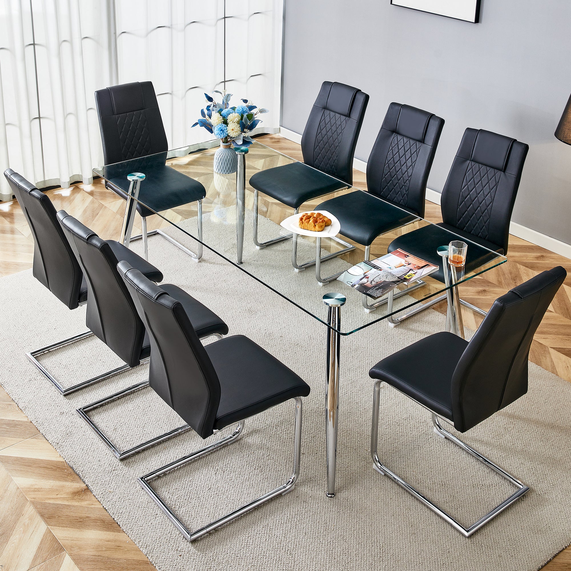 Table And Chair Set.Modern Rectangular Glass Dining Table With A Tempered Glass Tabletop And Silver Metal Legs, Paired With Multiple Chairs Designed With Pu Cushions And Silver Metal Legs. Black Silver Seats 8 Tempered Glass