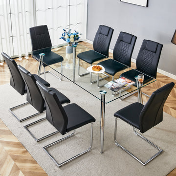 Table And Chair Set.Modern Rectangular Glass Dining Table With A Tempered Glass Tabletop And Silver Metal Legs, Paired With Multiple Chairs Designed With Pu Cushions And Silver Metal Legs. Black Silver Seats 8 Tempered Glass
